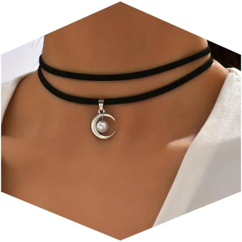 Women's Adjustable Multi-Layer Black Velvet-Leather Goth Choker Necklace with Lace Trim - Female Goth Jewelry Gift