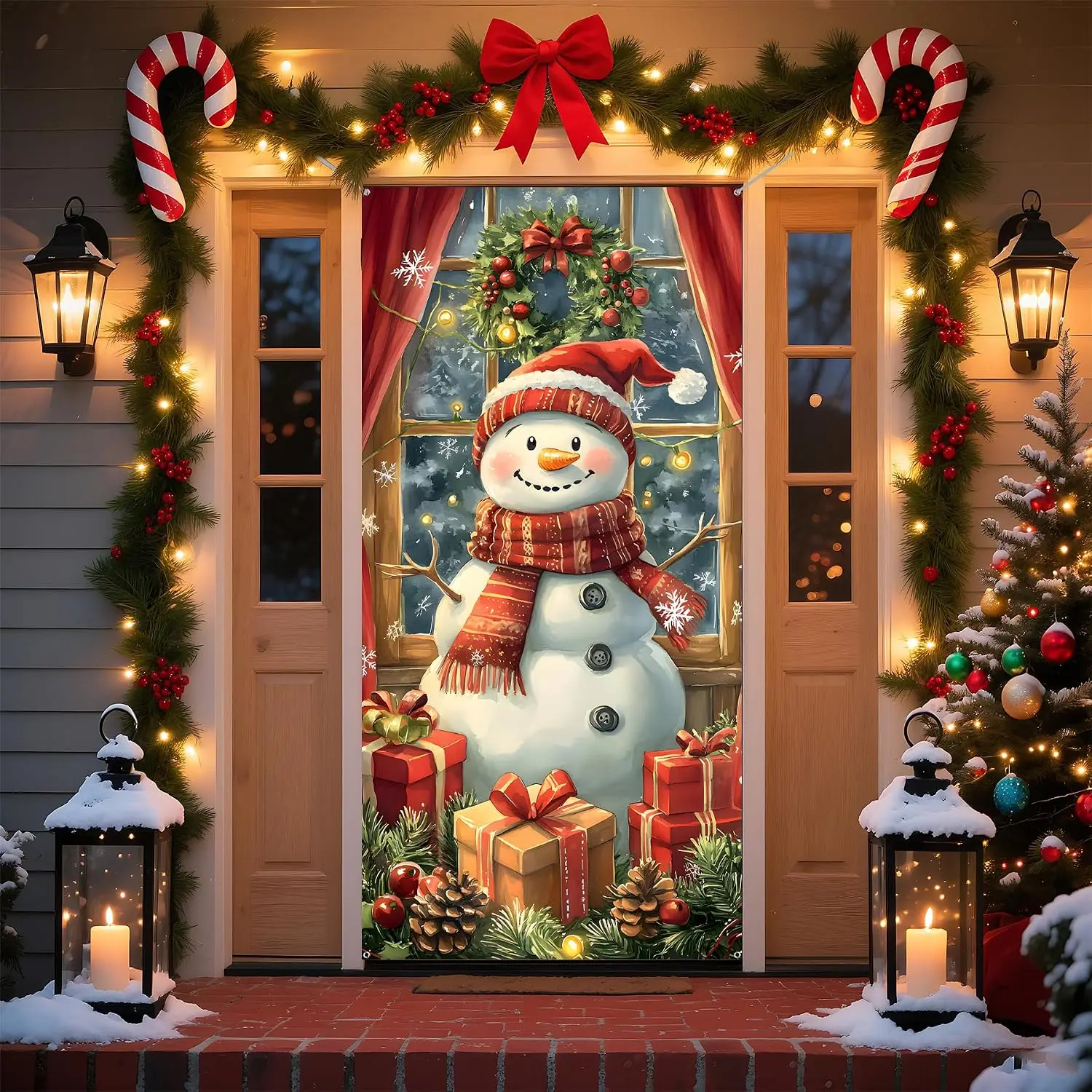 Christmas Door Cover Banner, 6 x 3 ft Christmas Decorations Flag Photography Background for for Winter Party Decorations Supplies (Snowman-2, 70.8 x 35.4 Inch)