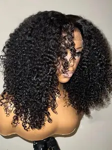 Soft Natural Black Long 18-Inch Kinky Curly Wig, Curly Afro Wigs, 180 Density Pre-Plucked Heat Resistant Synthetic Lace Front, Daily Wear Glueless