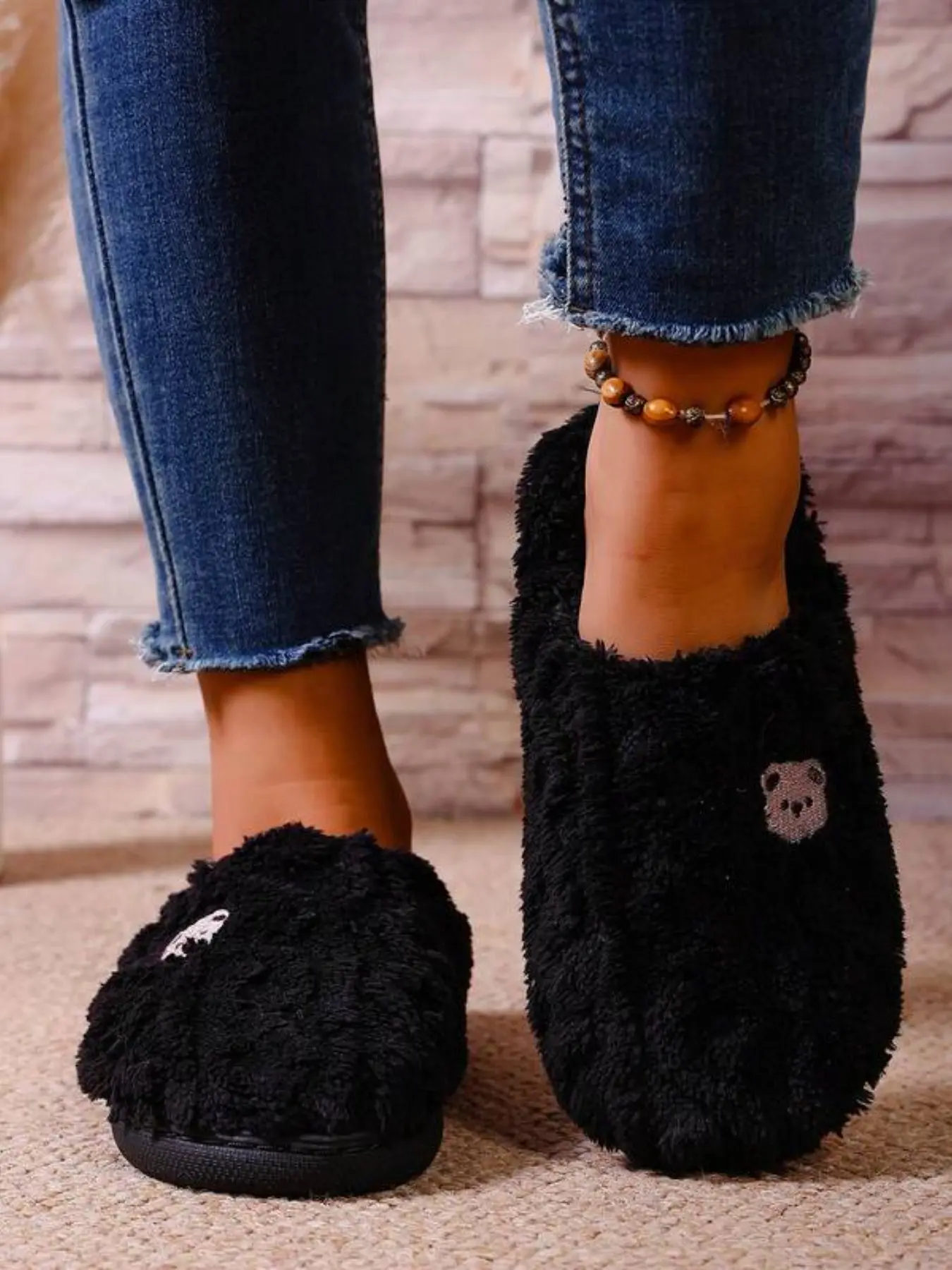 Cute Bear Embroidered Slippers for Women, Fall & Winter Indoor Warm Anti-Slip Cotton House Shoes, Textile Upper Rubber Sole