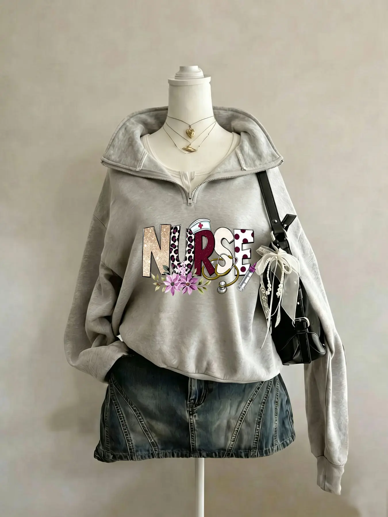 HeatherGrayOversizedQuarterZipCollarZipperSoftThickFleecePulloverSweatshirtWomenCuteLeopardFloralNurseLifeGraphicUnderscrubTopStethoscopeSyringeNurseHatPrintCasualDailyHospitalWorkComfortUniformLayerOutfitAestheticTrendyTikTokViralGraphicSweatshirt