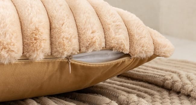 Set of 2 Dark Grey Faux Fur Decorative Throw Pillow Covers Striped Pillowcase Cushion Covers 18 x 18 Inch Sofa Couch Bedroom