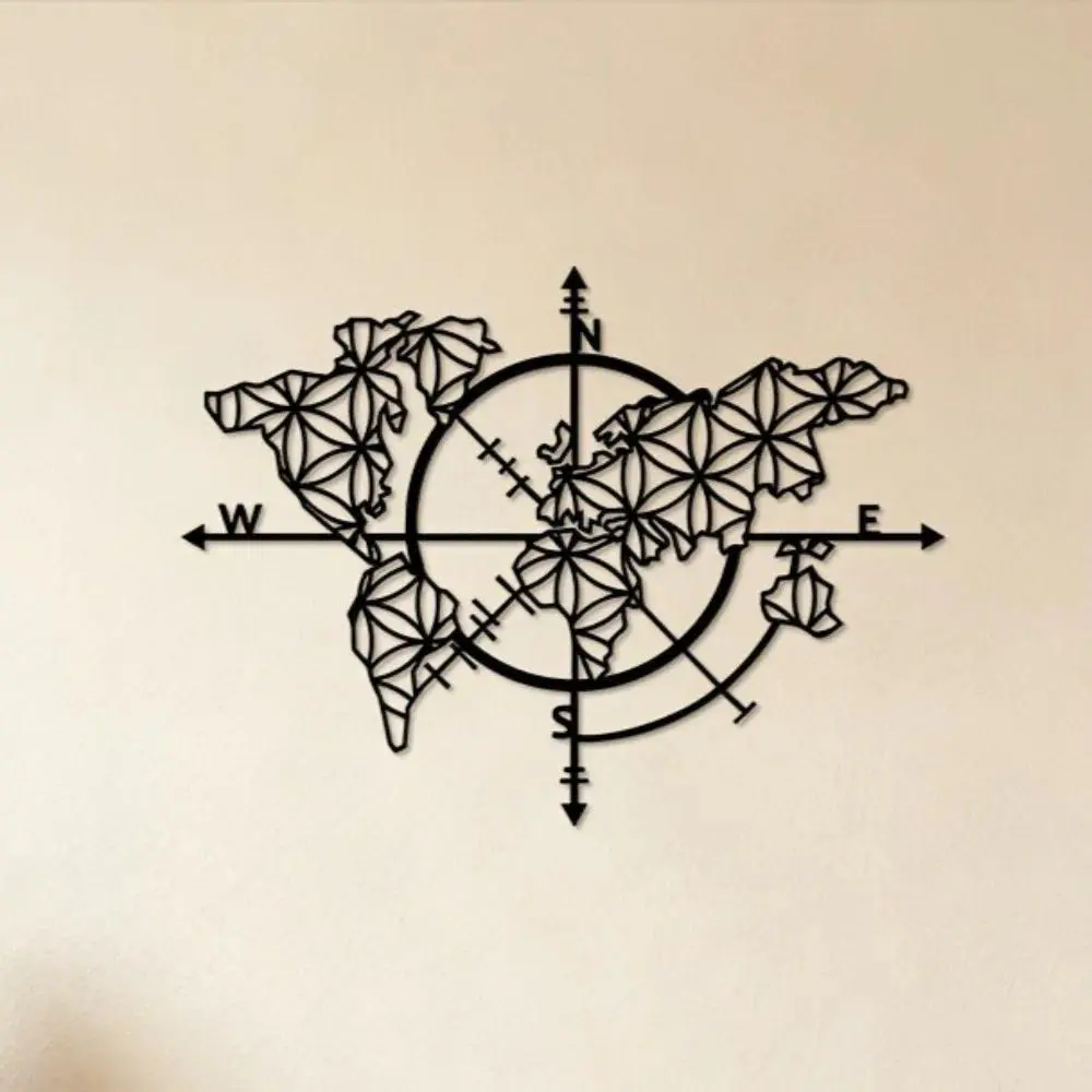 Iron World Map Compass 2D Flat Metal Wall Art Decor 1pc Indoor Outdoor Wall Sculpture Home Decor for Living Room Bedroom Office