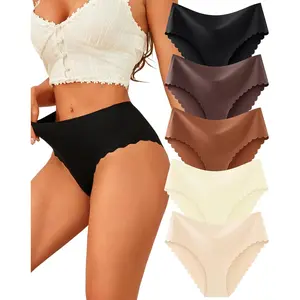 Seamless Underwear for Women High Waisted Panties Scalloped Edge Sexy Cheeky Bikini No Show Briefs S-XXL 5 PackGift.