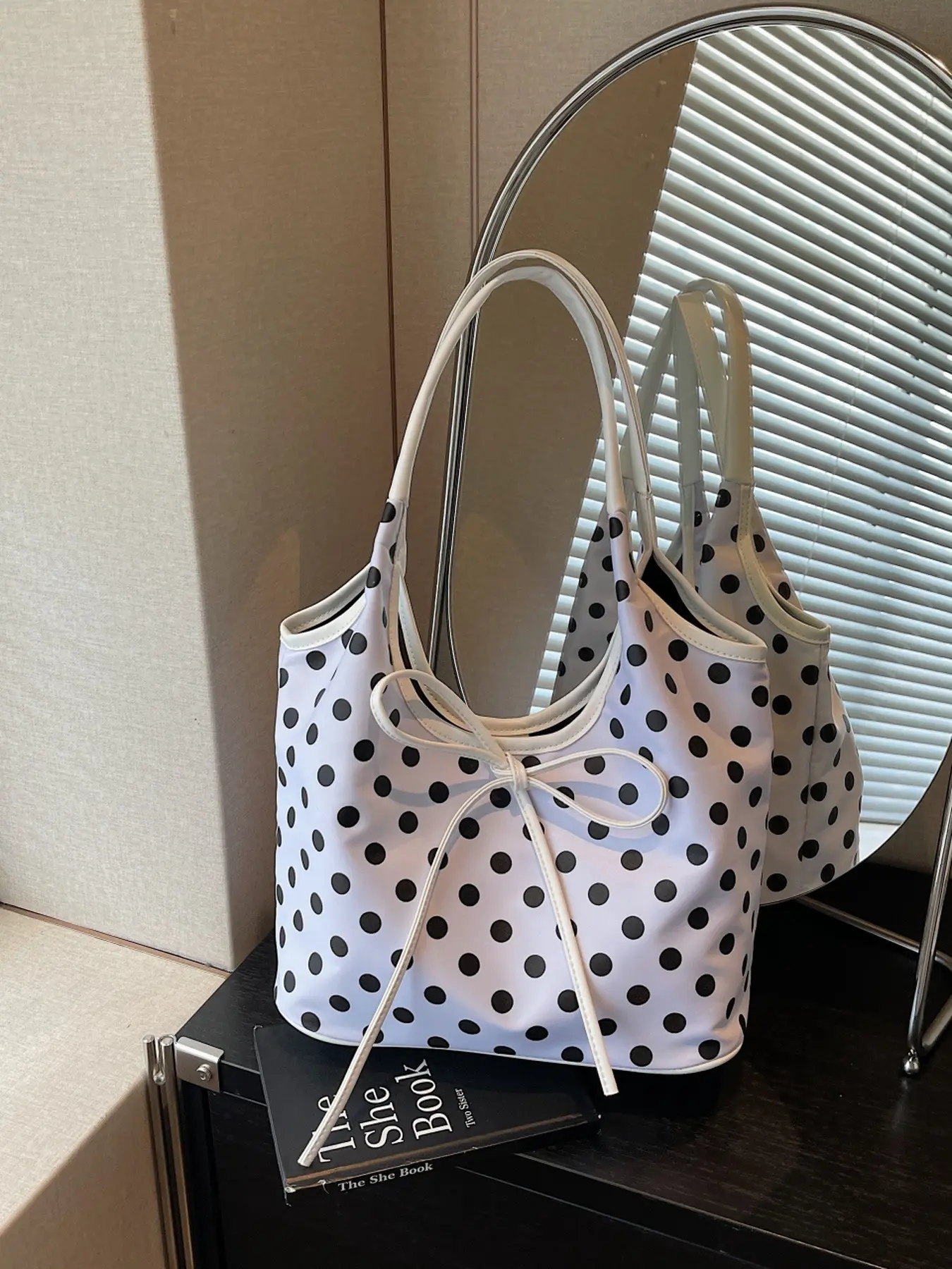 Light Color Polka Dot Bow Tote Bag, 4 Shades White Yellow Gray Purple, Soft Sweet Aesthetic Oversized Handbag for Women, Ideal for Picnic Beach Vacation & Everyday Carry