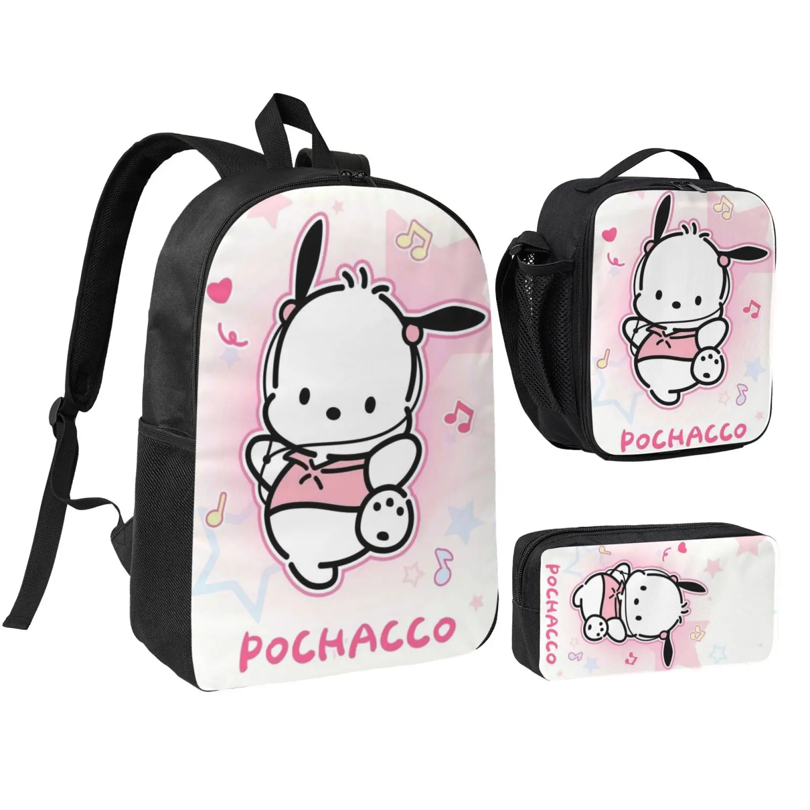 Anime Pochacco3 Kids School Bag Set, Teen Boys Girls Backpack with Adjustable Shoulder Straps, Multipurpose Bookbag with Lunch Box Pencil Bag for School Travel Office Daily Use, Cute, Polyester, Foam, Christmas Gifts