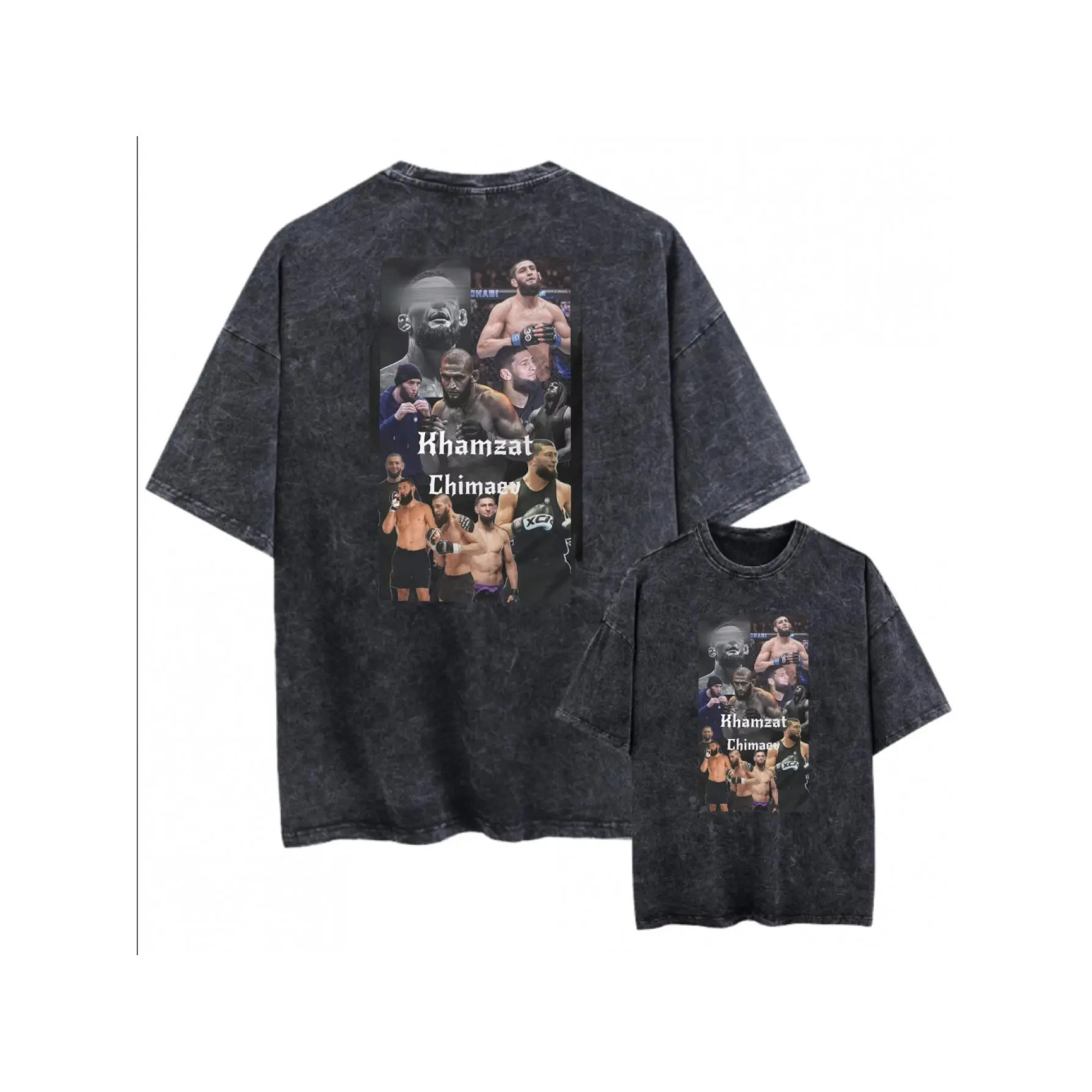 Vintage Washed Double Sided Crew Neck Short Sleeve Tee for Men, Khamzat Chimaev UFC Fighter Collage Portrait Retro Boxing Graphic Slight Stretch Oversized Casual Streetwear Tops for All Seasons Daily Outfit