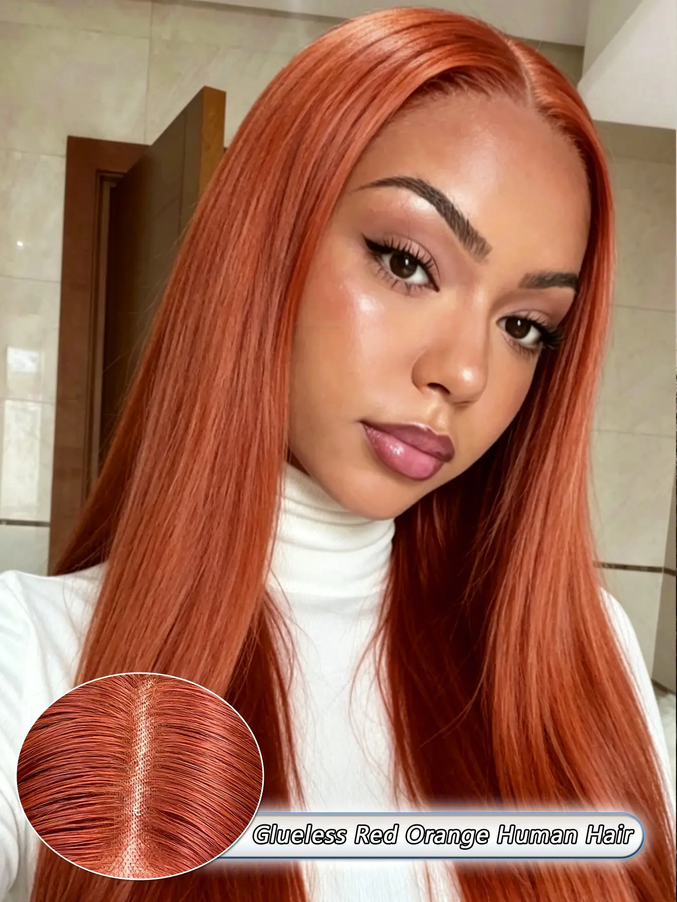 Summer Orange Human Hair 5x5 Glueless Lace Closure Wig,Middle Part Red Orange Long Straight, Pre-Cut Lace Hairline,Invisible Fit,Wear & Go, lace wear wigs, Summer Daily, Party & Casual Wear for Women