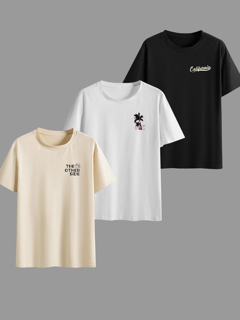 Men's Letter & Coconut Tree Print Round Neck Tee, Regular Fit Casual Short Sleeve T-shirt for Summer, Men's Top for Daily Wear