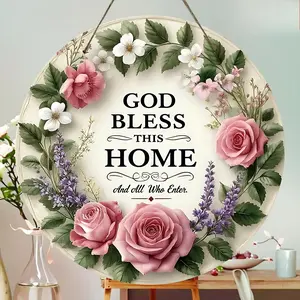 【summervibes】God Bless This Home Round Sign, Floral Wreath Wall Art, Farmhouse Front Door Hanger, Inspirational Home Decor, Christian Welcome Sign for Porch, Living Room, Housewarming Gift
