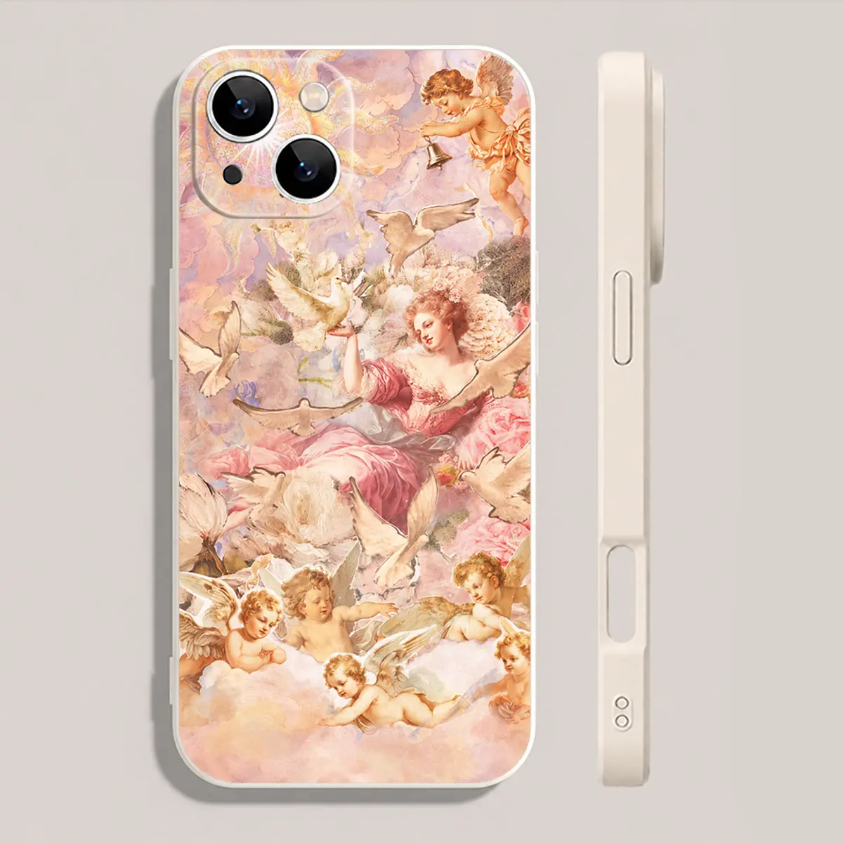 Pink Rococo Dove Garden Phone Case, Cherub Angelcore Soft Silicone Cover for iPhone 17 16 15 14 13 12 11 X Plus Pro Max, Art Lover Gift
