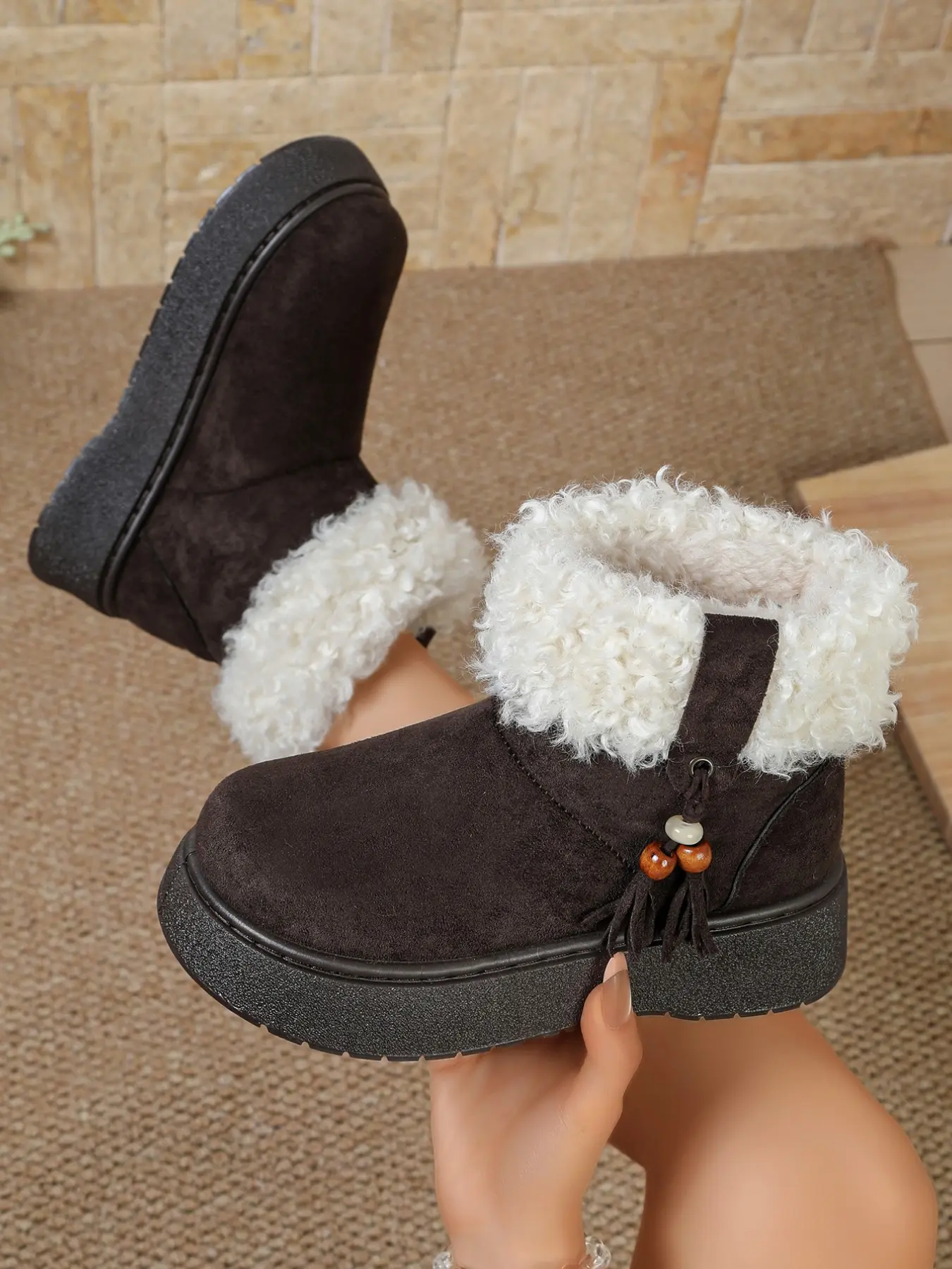 2026 New Fringe Beaded Thick Sole Snow Boots, Women's Fashion Comfortable Lamb Fur Lined Short Boot, Winter Home Outdoor Cotton Boot