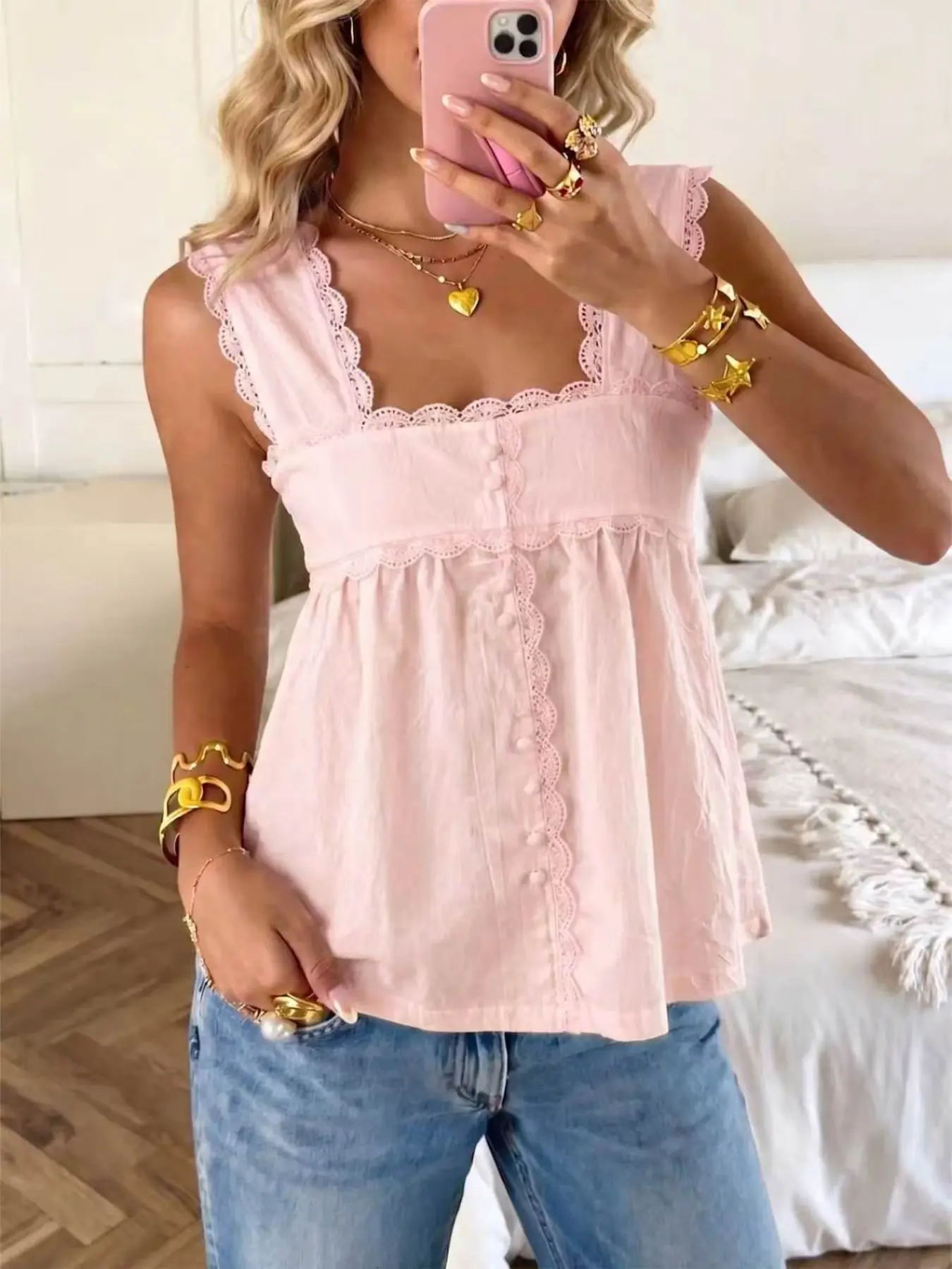 New Summer French Style Blouse, Sleeveless Square Neck Lace Top, Casual Loose Fit, Breathable Cotton Fabric, Perfect for All Seasons