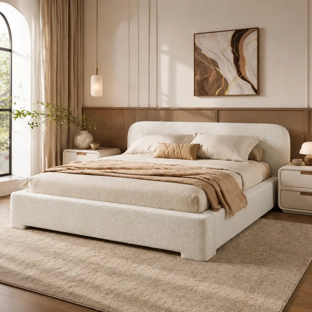 ARCH Furniture Cozy White Bounce Upholstered King Bed Frame - Birch Wood & Engineered Wood, Durable, 102.07 lbs, 87.3 in.(l) x 86.8 in.(w) x 23.8 in.(h), Easy Assembly Required, Minimalist Design, No Box Spring Needed, Queen (500 Lbs)