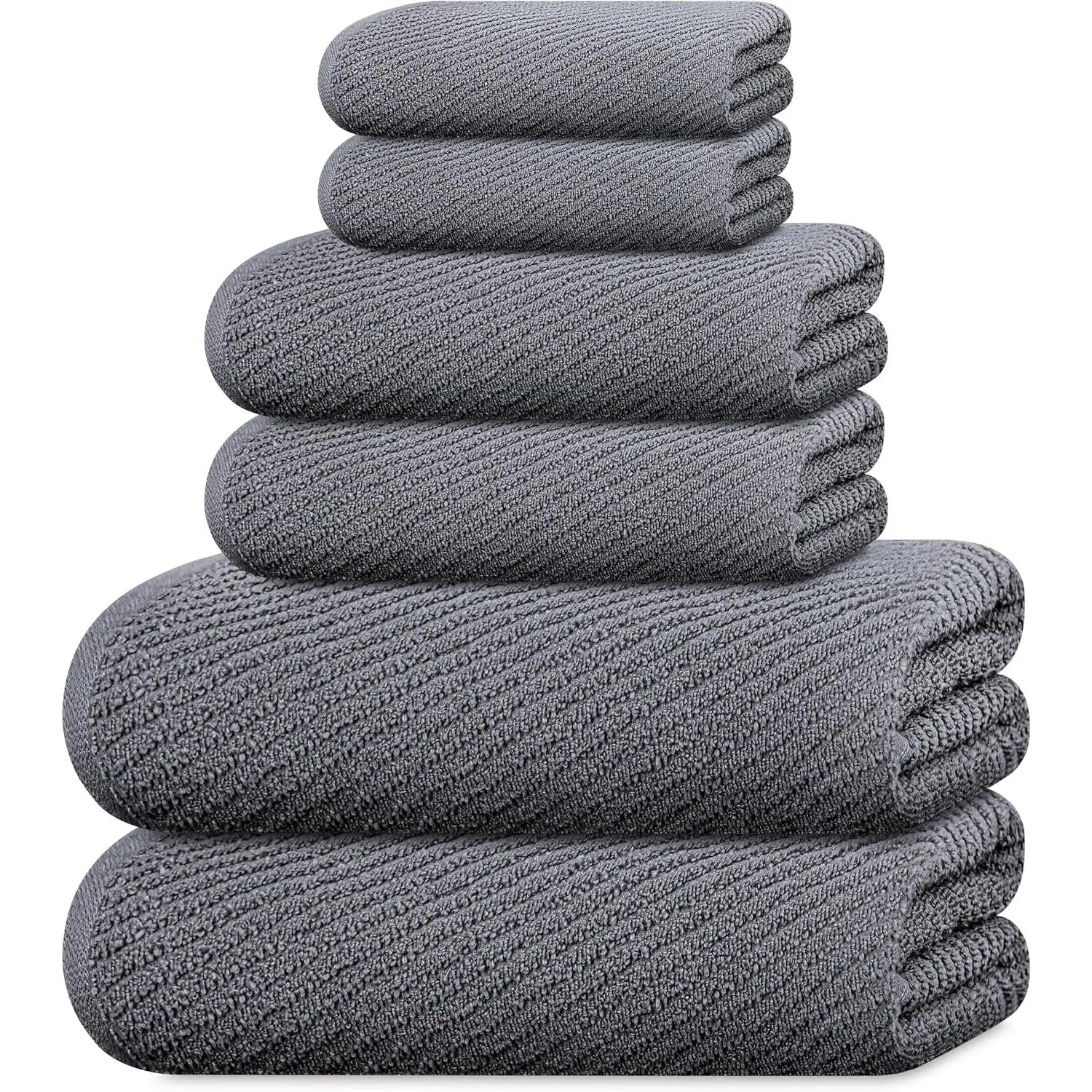 Zero Twist 6 Pc Towels Set, 2 Bath, 2 Hand, 2 Wash, Dark Grey | 100% Cotton, Light Weight, Extra Absorbent & Soft, Perfect for Bathroom, 2 Bath Towels, 2 Hand Towels, 4 Washcloths
