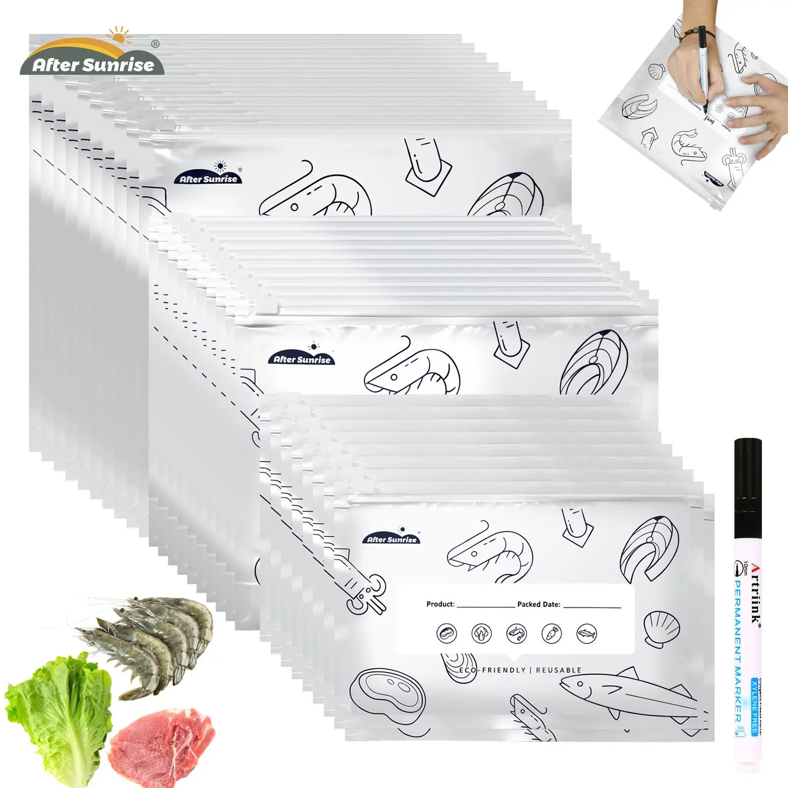 Refrigerated FoodReusable Aluminum Foil Sealable Storage Bags, Aftersunrise 2026 New Resealable Vacuum Zipper Pouches for Food, Stand Up Foil Sealable Bags with Label and Zip Lock for Vegetable Fruit Meat