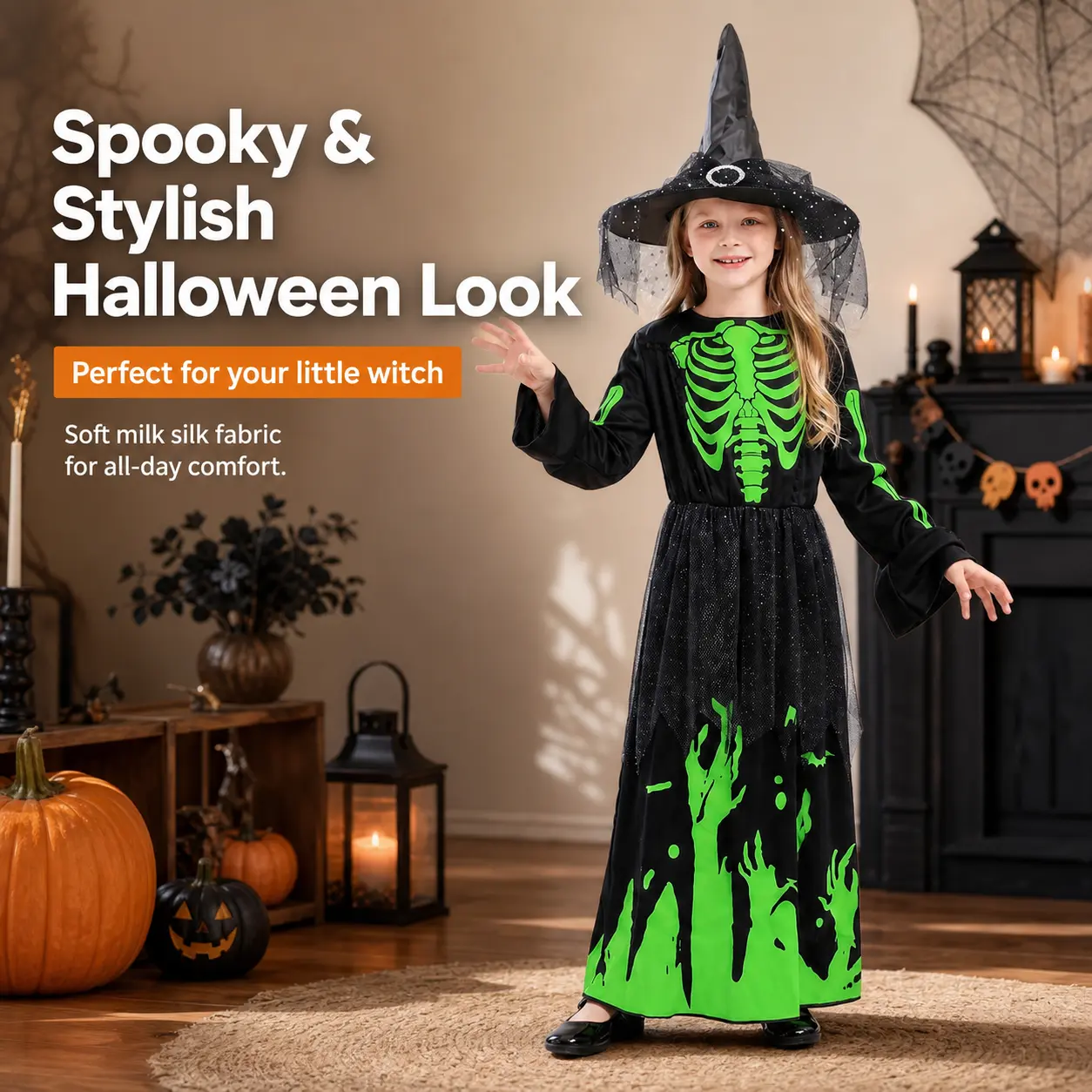 Kids' Halloween Costume Set, Glow-in-the-Dark Skeleton Jumpsuit or Witch Dress with Hat & Gloves, Soft Milk Silk Outfit for Trick or Treat