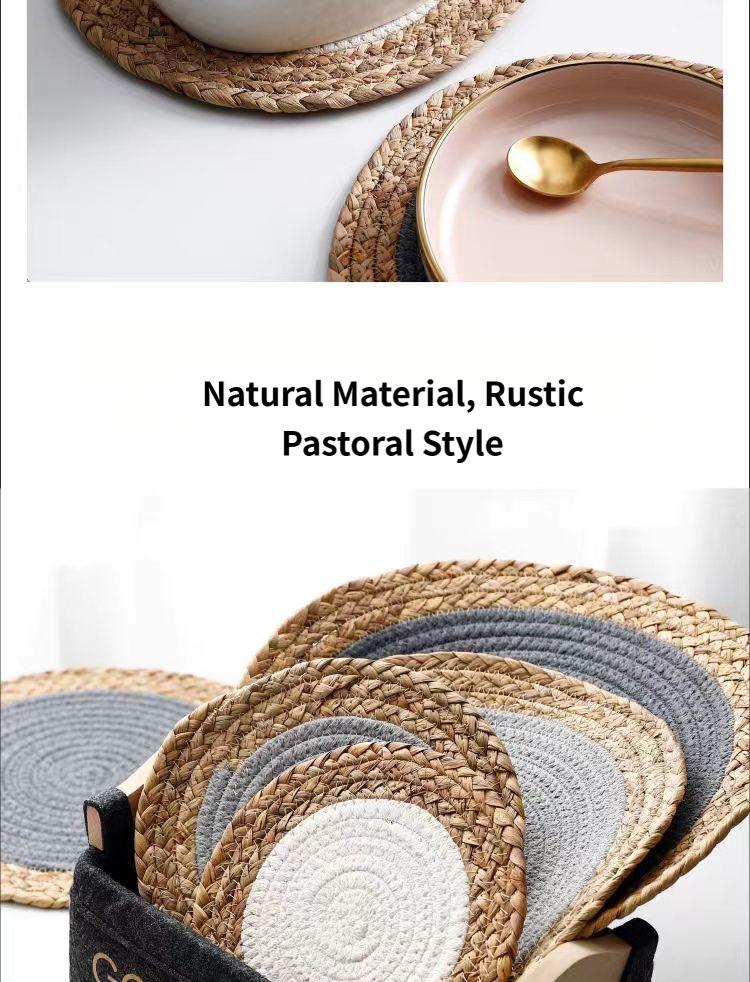 Warm-toned natural grass woven placemats, cotton rope heat-insulating placemats, decorative forest-themed coasters and plate mats
