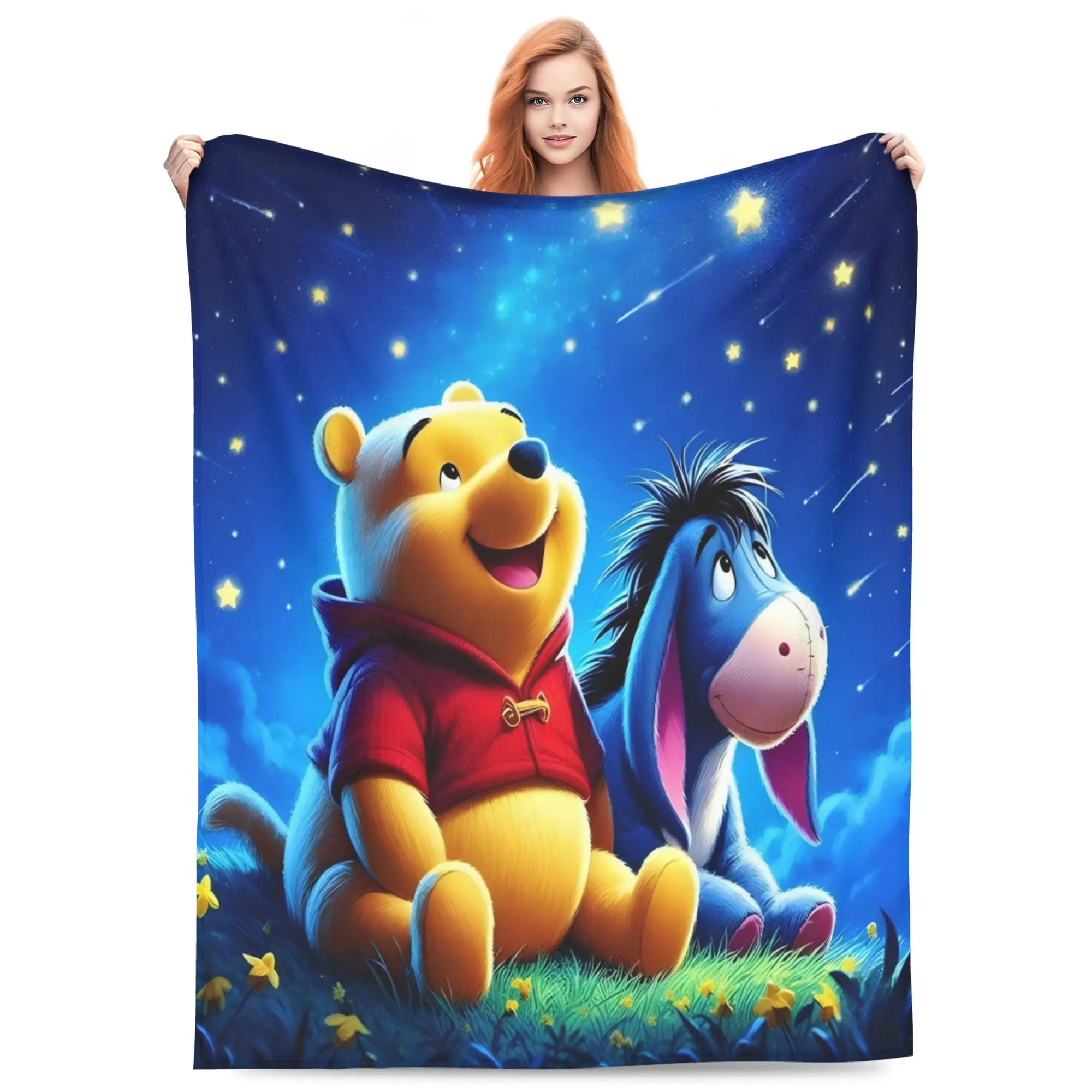 DISNEY CLASSIC Winnie the Pooh & Eeyore Throw Blanket, Starry Night Sky Shooting Stars Grassland Scene Print, Soft Flannel Lightweight Cozy Blanket for Sofa Bed Home Decor