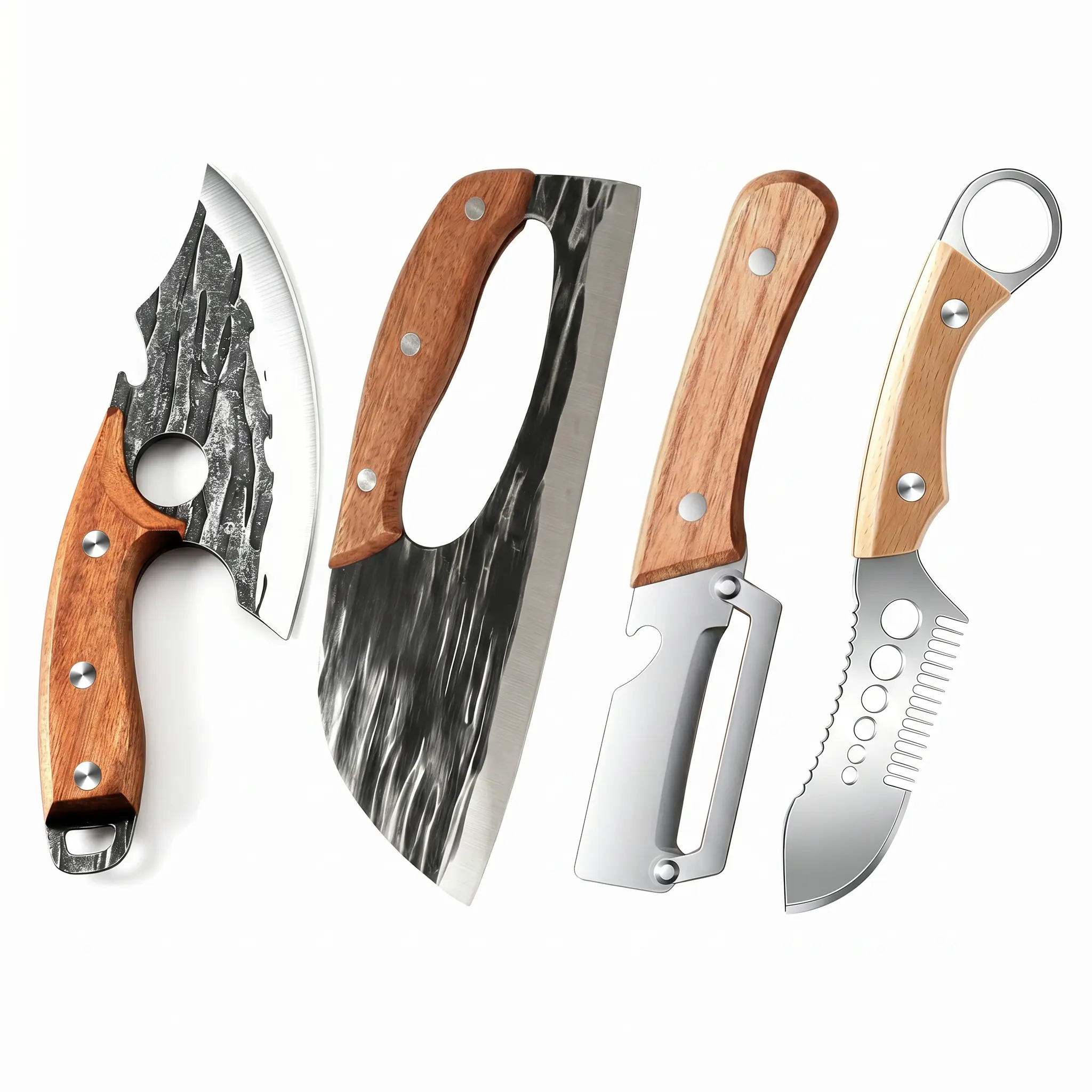 [4pcs-Buy 2 Get 2] Multifunctional Kitchen Knives, Forged Carbon Steel Cleaver, Razor Sharp Meat & Vegetable Chopping Knife, Wooden Handle Peeler Tool for Fruits & Veggie, Fish Scale Scraper, Ergonomic Non-Slip Grip for Home Kitchen & Camping