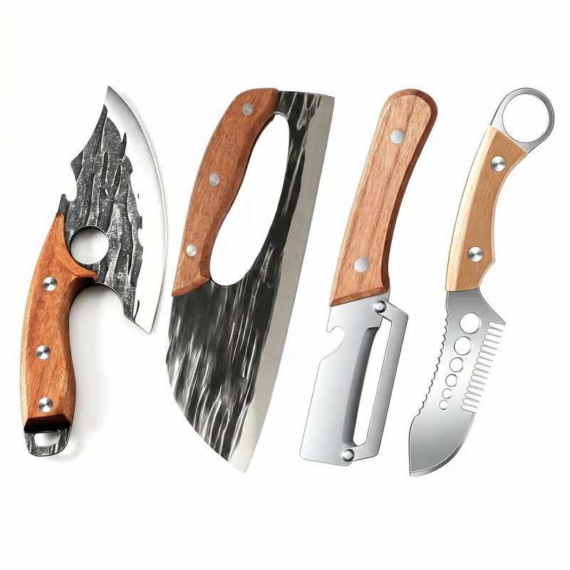 [Black Friday Sale] 2/4 Pcs Durable Carbon Steel Modern Knives Utensils Set - Forged Cleaver, Razor Sharp Cutting Tool, Wooden Handle Peeler, Fish Scale Scraper, Ergonomic Non-Slip Grip Kitchenware for Home Cooking Prep