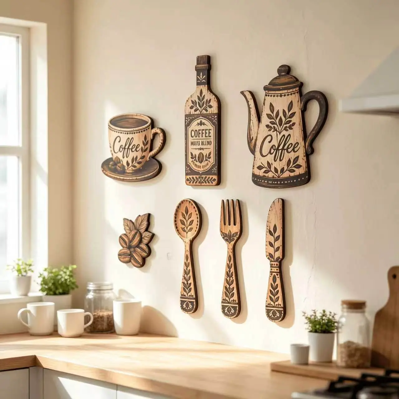 7 Pieces Coffee-Themed Wooden Kitchen Wall Decor, Vintage Country Style Wall Hangings Featuring Coffee Cups, Coffee Pots, Coffee Beans, Suitable for Kitchens and Cafés, Decorative Wall Art, Decoration Items