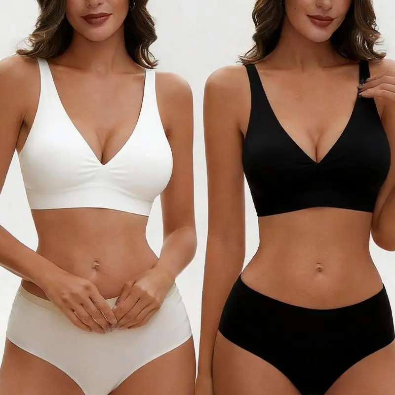 EssElegance 2-Pack Women's Seamless Wireless Bra Set Black & White Deep V-Neck Plunge Bralette Center Ruched Push Up Everyday Comfort Lounge Basic Essential Underwear