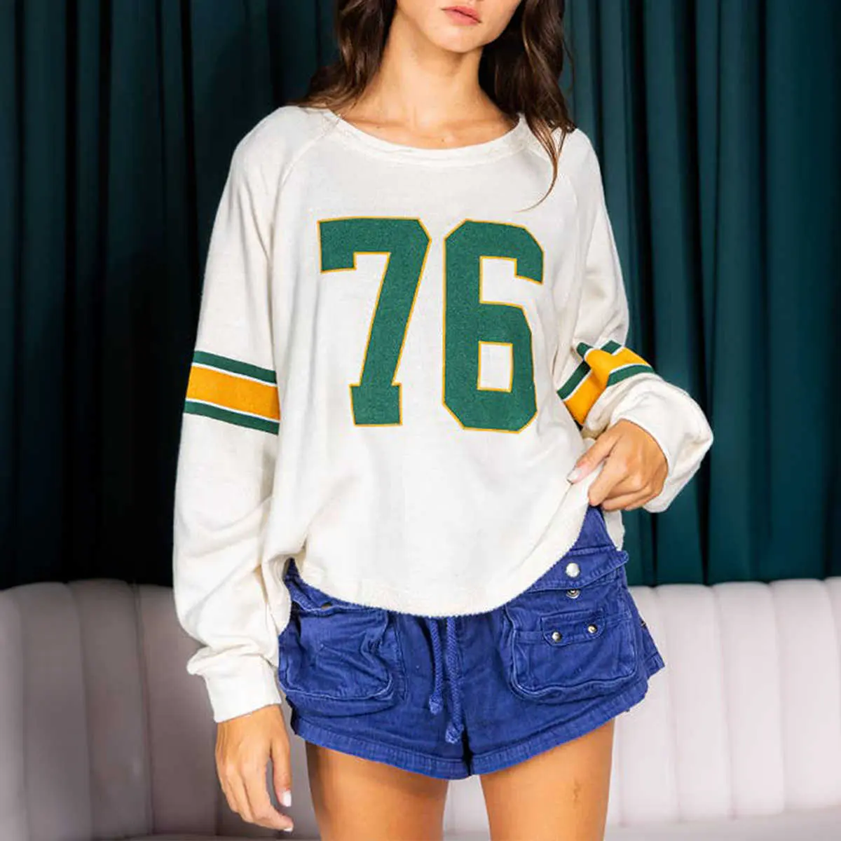 White Number 76 Printed Retro Sporty Long Sleeve Top
