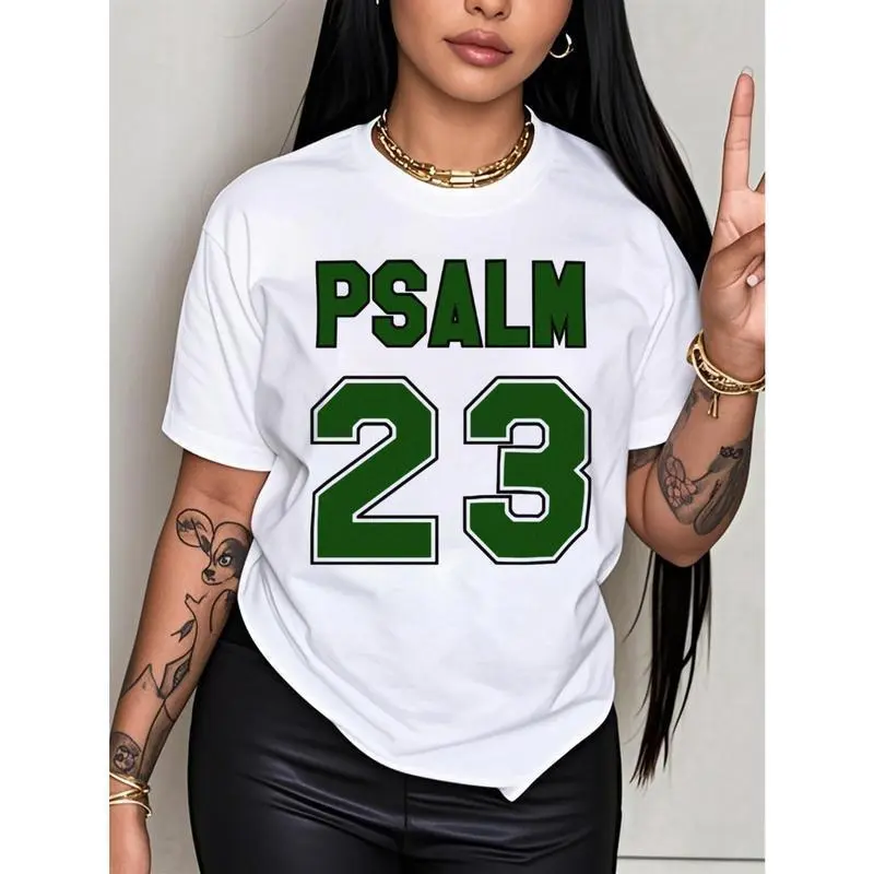 Women's Psalm 23 Graphic T-Shirt, Casual Loose Fit Shortsleeve Top, Customized Crew Neck in Soft 100% Cotton, Ideal for Gifting, Clothes, Streetwear, Tshirt, Jersey Fabric Women's T-Shirts, Lady, Sporty Chic, Digital Print, Athletic