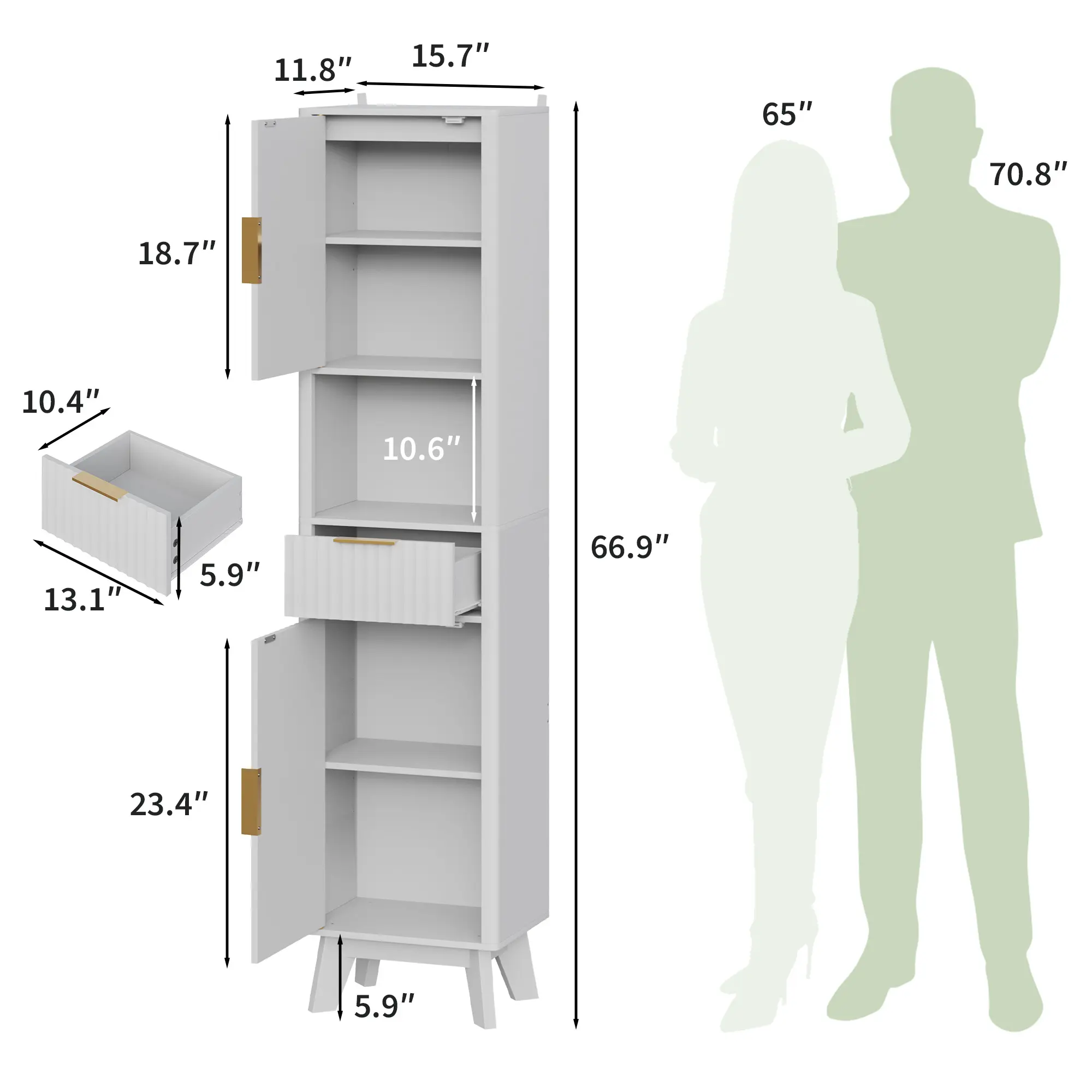 67" Tall Slim Storage Cabinet with Fluted Doors, Narrow Freestanding Pantry with Drawer & Adjustable Shelves, Anti-Tip Design for Small Spaces