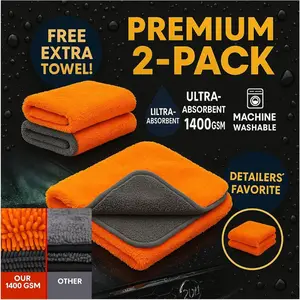 Microfiber  Towel 16"x16" - 1400 GSM Twisted Yarn, Ultra Absorbent, Scratch-Free, Machine Washable - Bonus 12"x12" 600 GSM Detail Towel for Him/Her(Orange/Gray)