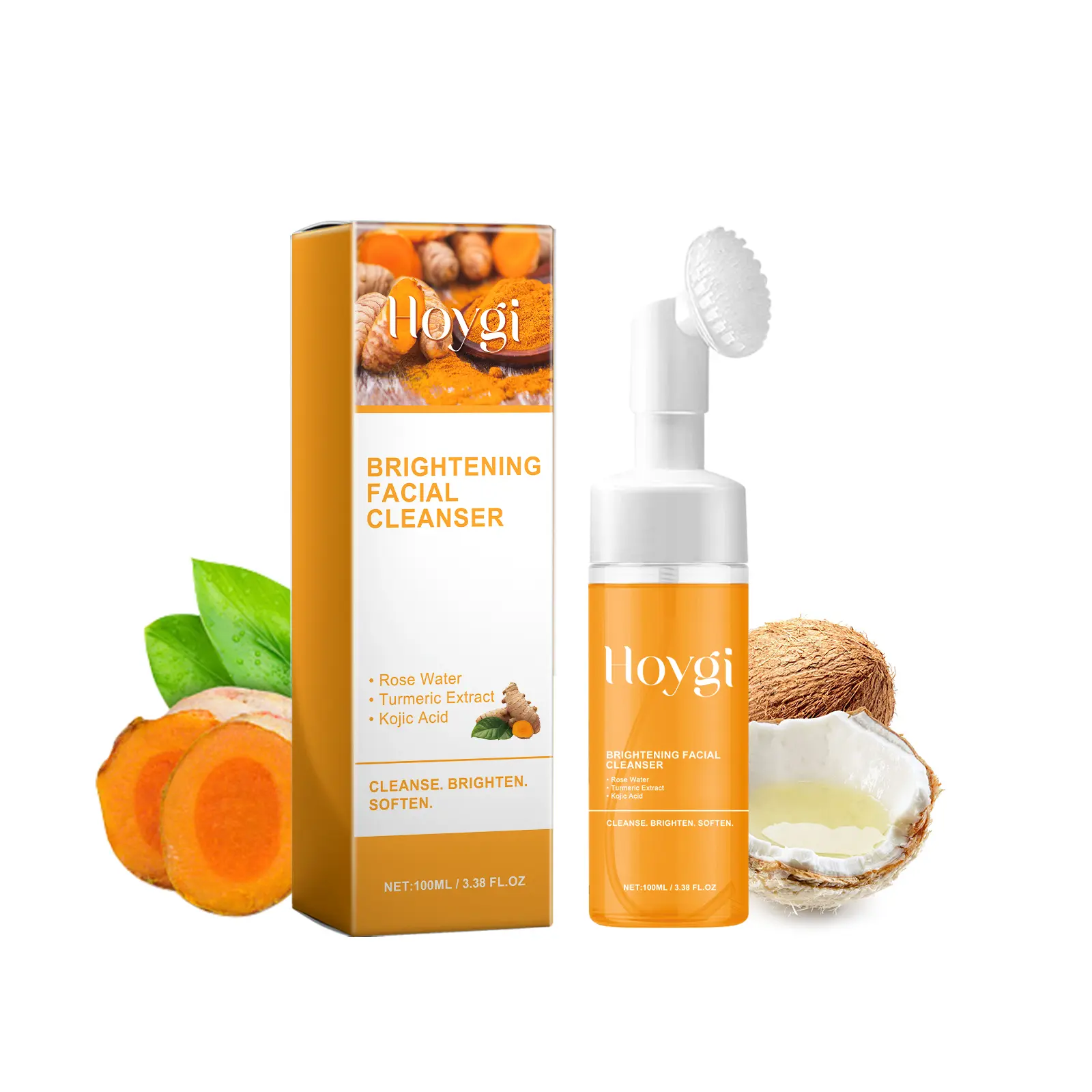 Turmeric Face Wash with Brush, Turmeric Foaming Facial Cleanser for All Skin, 3.38 Fl Oz/pcs  Brig,Deep‑Pore Cleansing, Fades Acne Marks, Moisturizes & Lightens Complexion, Daily Morning‑Night Face Skincare, Suitable for Men and Women Brush Glycerin