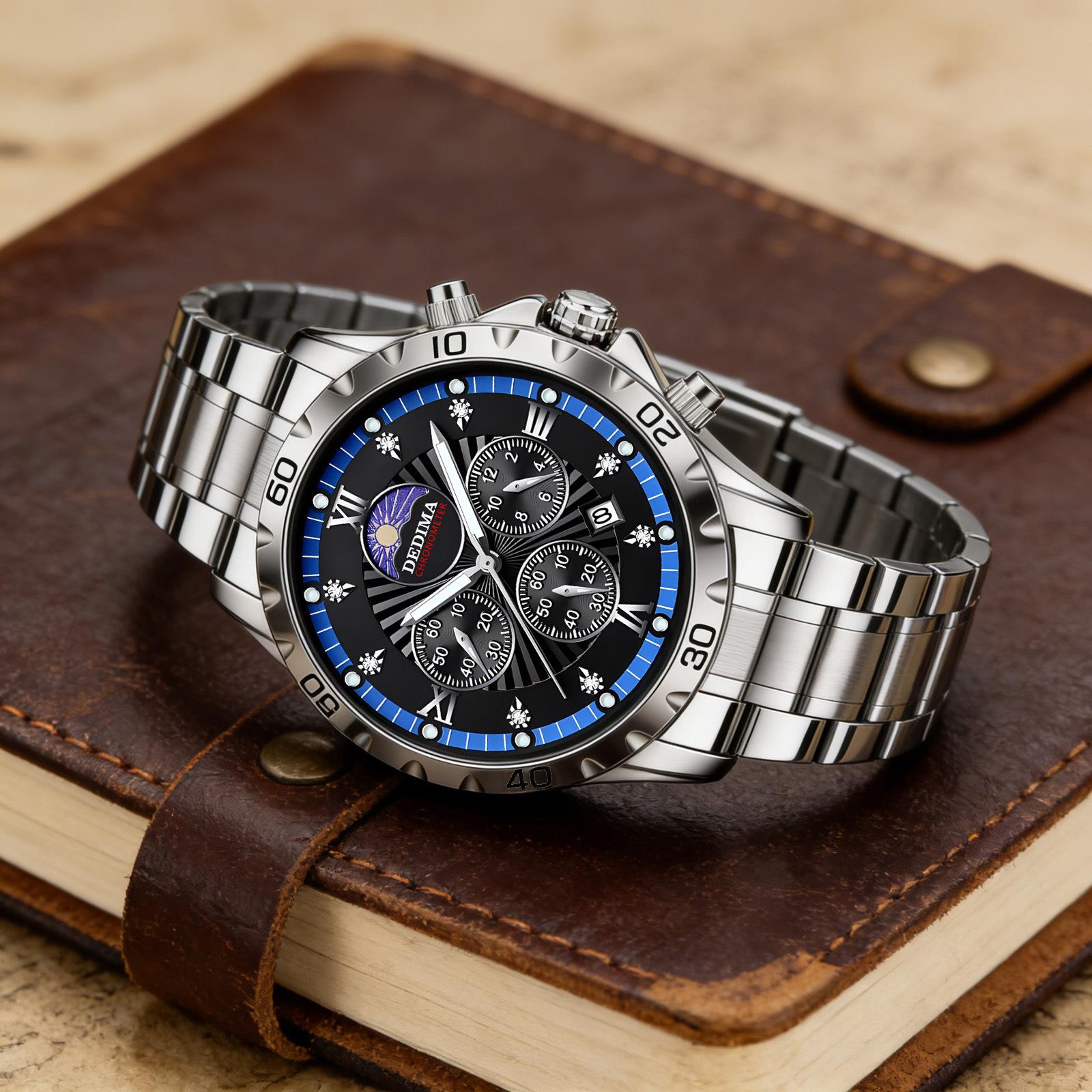 Men's Quartz Watch PE903 Movement 42mm Dial Luminous Display Calendar Moon Phase 30M Waterproof Stainless Steel Strap Business Style Hot-Selling Item