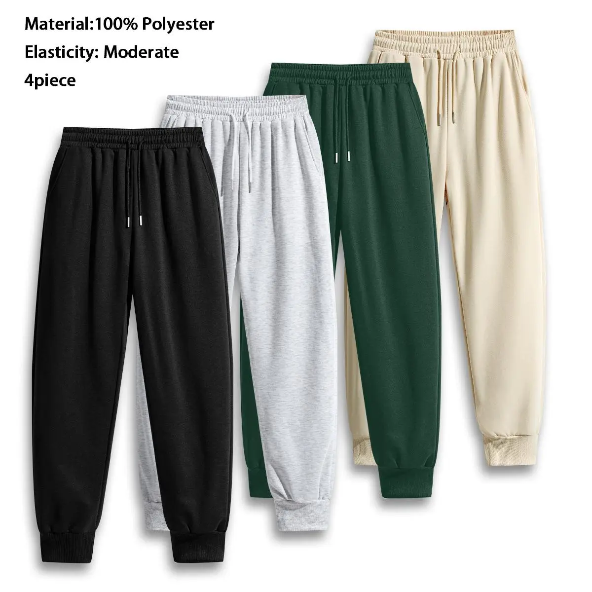 Men's 4-Pack Solid Color Joggers, Relaxed Fit Wrinkle-Resistant Polyester Sweatpants with Drawstring Waist and Cuffed Ankles for All Seasons, Ankle Length