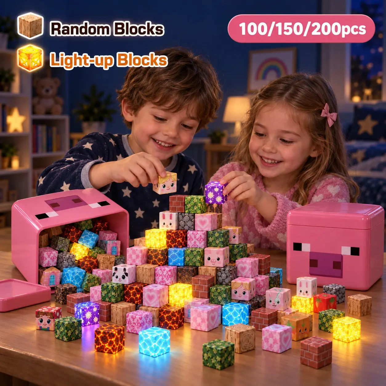 New Light-Up Magnetic Blocks, 100-200pcs Magnets, Educational Toys for Kids, Unisex, Ages 4-12, Christmas Birthday Gift