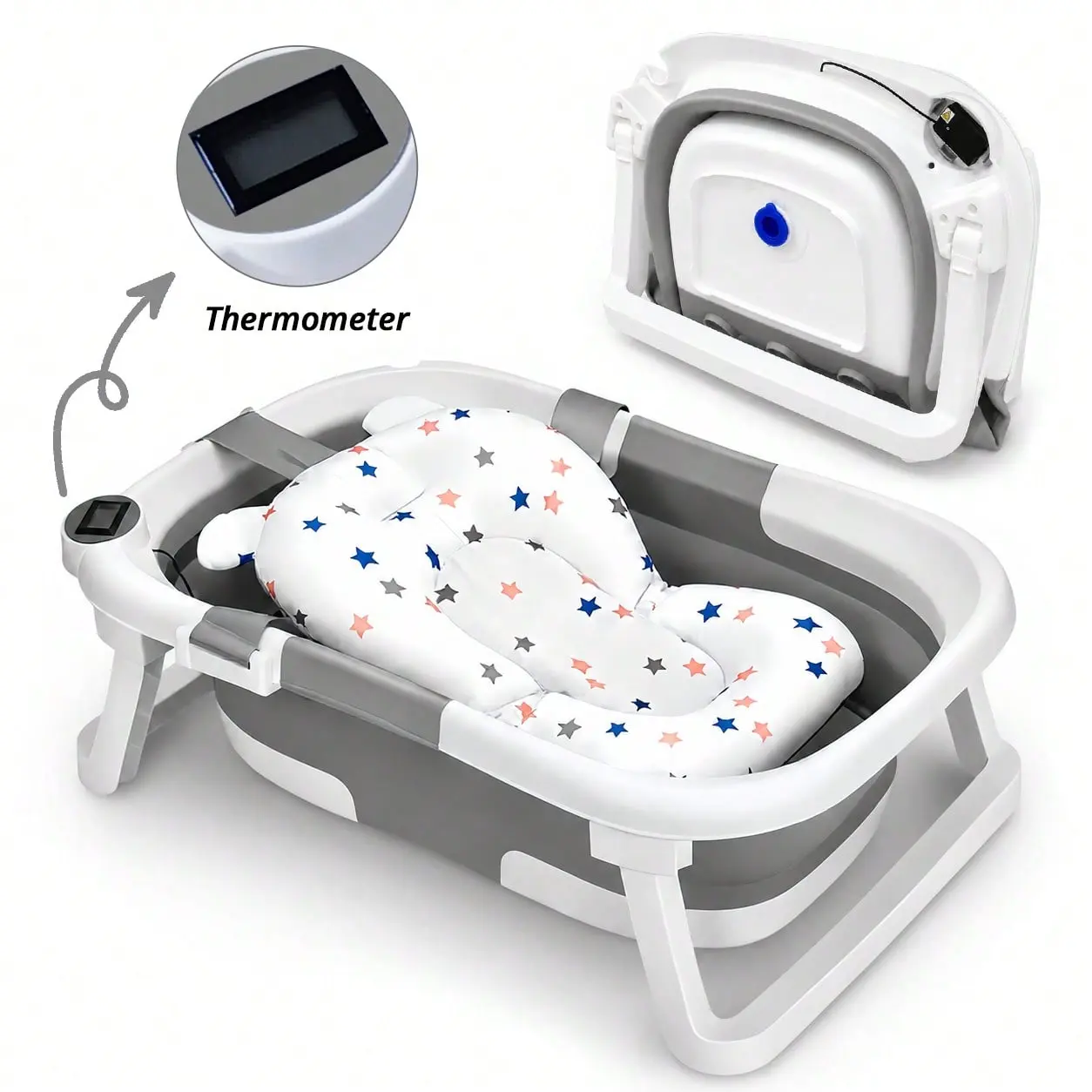 COCHILDOR Foldable CPSIA Safe Plastic Baby Bathtub - Newborn Fit for 0-12 Months Infants, with Soft Cushion & Thermometer, Easy Clean, Portable Travel Baby Tub (Pink & Gray/Navy Blue/Green)