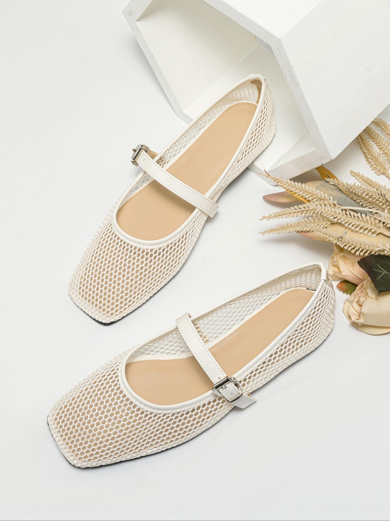 Women's Fashionable Solid Color Hollow Out Design Mary Jane Shoes, Casual Comfortable Square Toe Flat Shoes for Summer, Lightweight Breathable Shoes for Daily Wear, Girl, Casual Flats