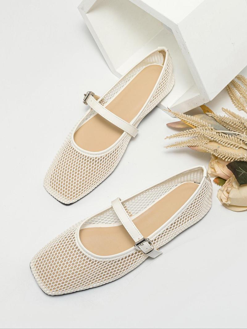 Women's Fashionable Solid Color Hollow Out Design Mary Jane Shoes, Casual Comfortable Square Toe Flat Shoes for Summer, Lightweight Breathable Shoes for Daily Wear, Girl, Casual Flats