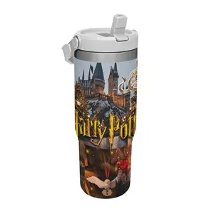 WB Harry Potter Hogwarts Winter Christmas Flip Straw Tumbler 30oz Stainless Steel Vacuum Mug, Leakproof Travel Cup, Snow Castle Owl Collage, Wizard Holiday Fan Gift
