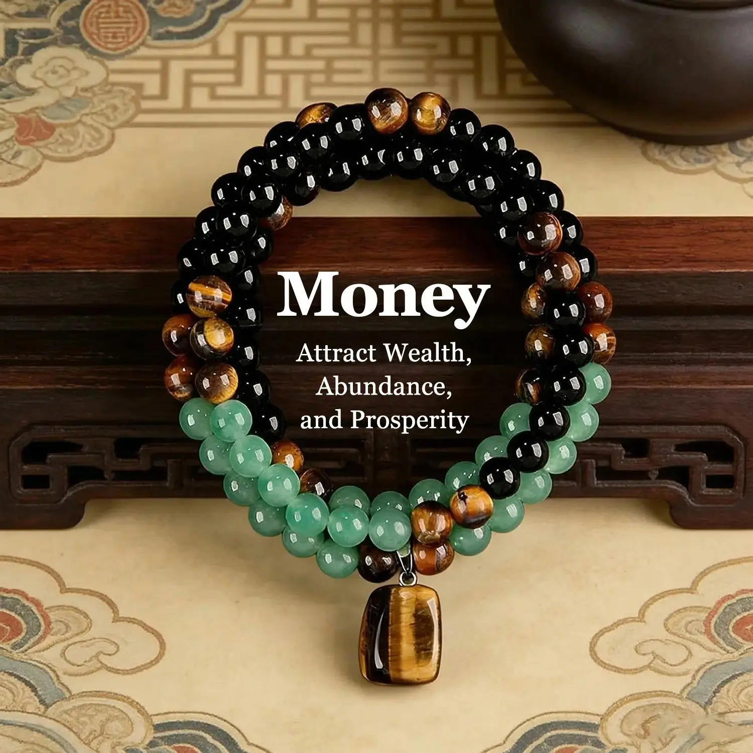 Money Attraction Necklace with Green Aventurine & Tiger Eye Healing Crystal Pendant, 69cm Long Chain Sweater Necklace for Wealth, Abundance & Prosperity, Spiritual Jewelry Gift for Women & Men