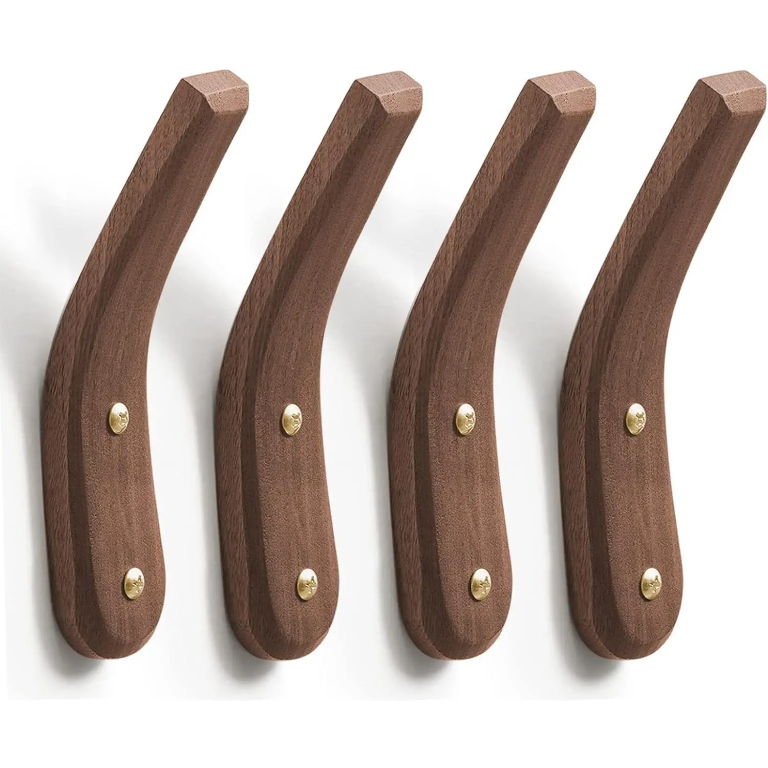 4-Count Durable Natural Walnut Wood Wall-Mount Hooks, Minimalist Mid-Century Modern Rustic Boho Home Decor, Easy-to-Install Organizer for Foyer Entryway Hanging Hats, Caps, Bags, Coats, Towels, Clothes