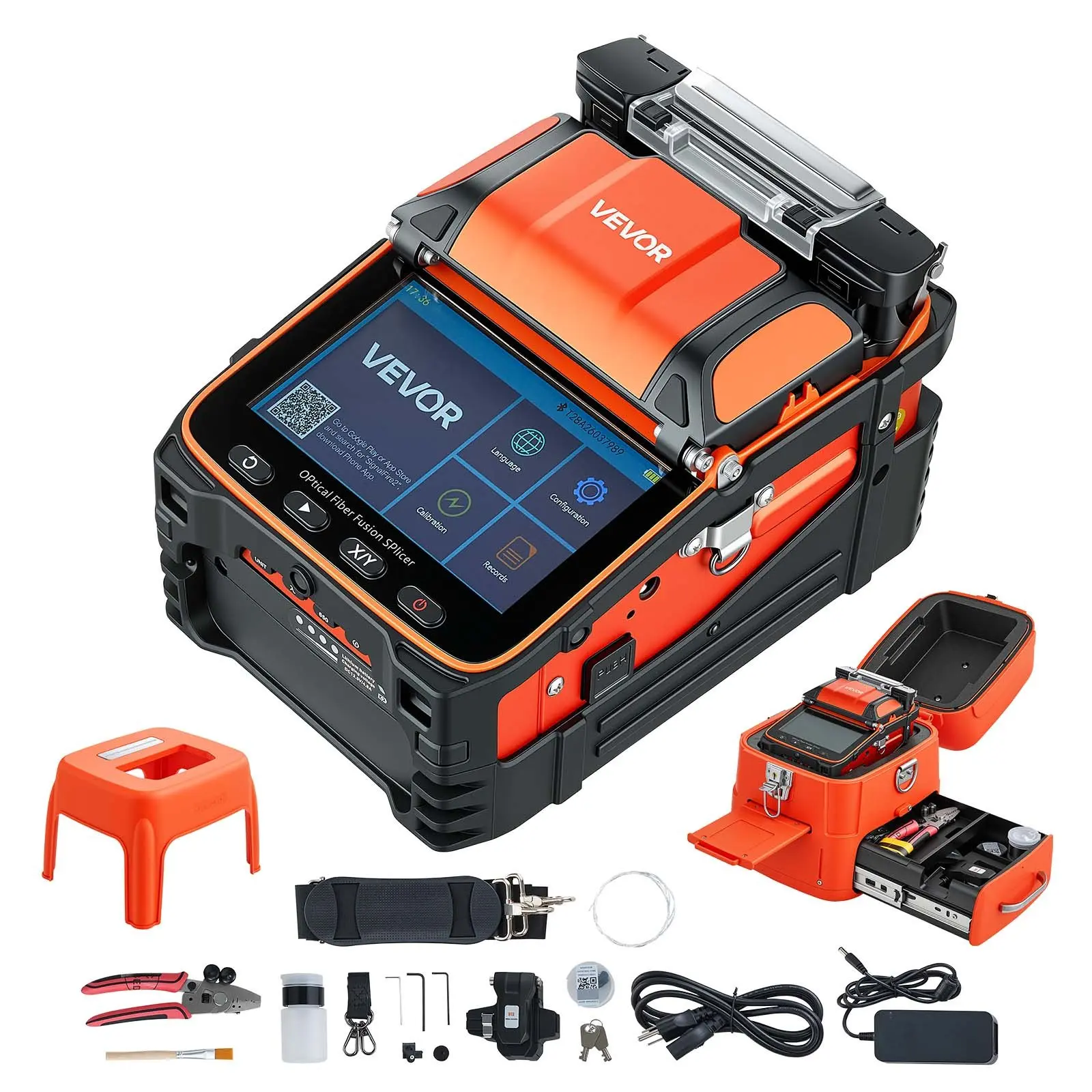 VEVOR Fiber Fusion Splicer 6 Motors with 5s Fast Splicing and 15s Heating, 7800mAh Core Alignment Fibers Optical Splicer with 5" Touchscreen, 3 in 1 Fiber Holder, VFL & OPM for SM MM DS NZDS