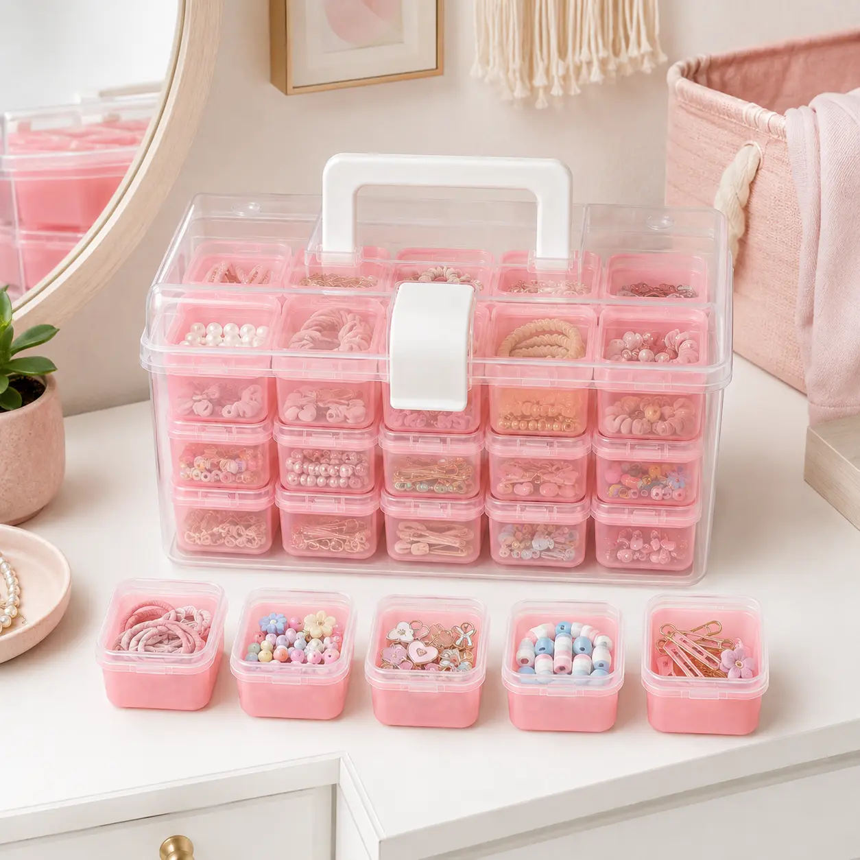 32pcs Compact Plastic Bead Storage Containers - Hinged-Lid Craft Organizer Boxes in Portable Carry Case for Storage Organization, Crafting Supplies, Dorm Desktop Use; Lightweight, Choose Pink