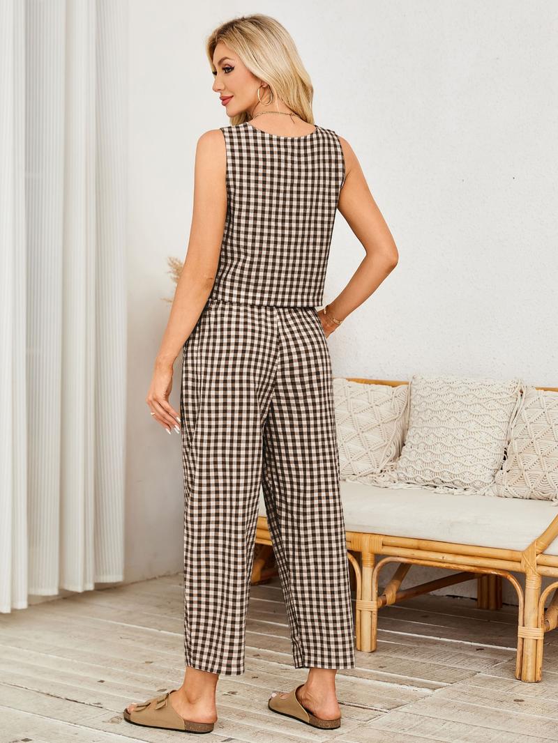 【Plus Size】 Women's Plaid Print Tank Top & Wide Leg Pants, Casual Two-Piece Set for Summer, Women's Clothes for Daily Wear
