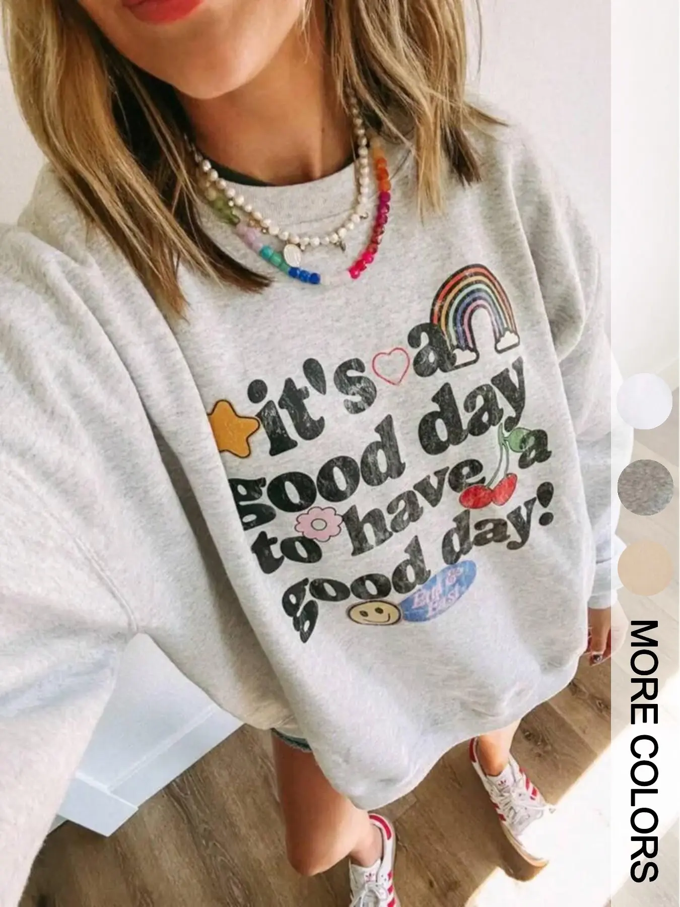 American Vintage Rainbow Smile Print Round Neck Sweatshirt for Women, Cream Apricot Loose Fit Casual Top, Fall & Winter Fashion