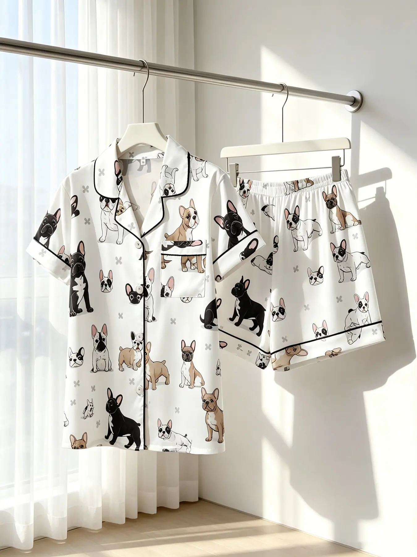 Women's Button-Down Short Sleeve Top & Shorts Pajama Set, Pyjamas, Healing White Frenchie Print, Black Piping, Front Pocket, Elastic Waist, Spring Summer Wear, Cozy Fresh Pet Print Loungewear Pjs for Dog Lovers