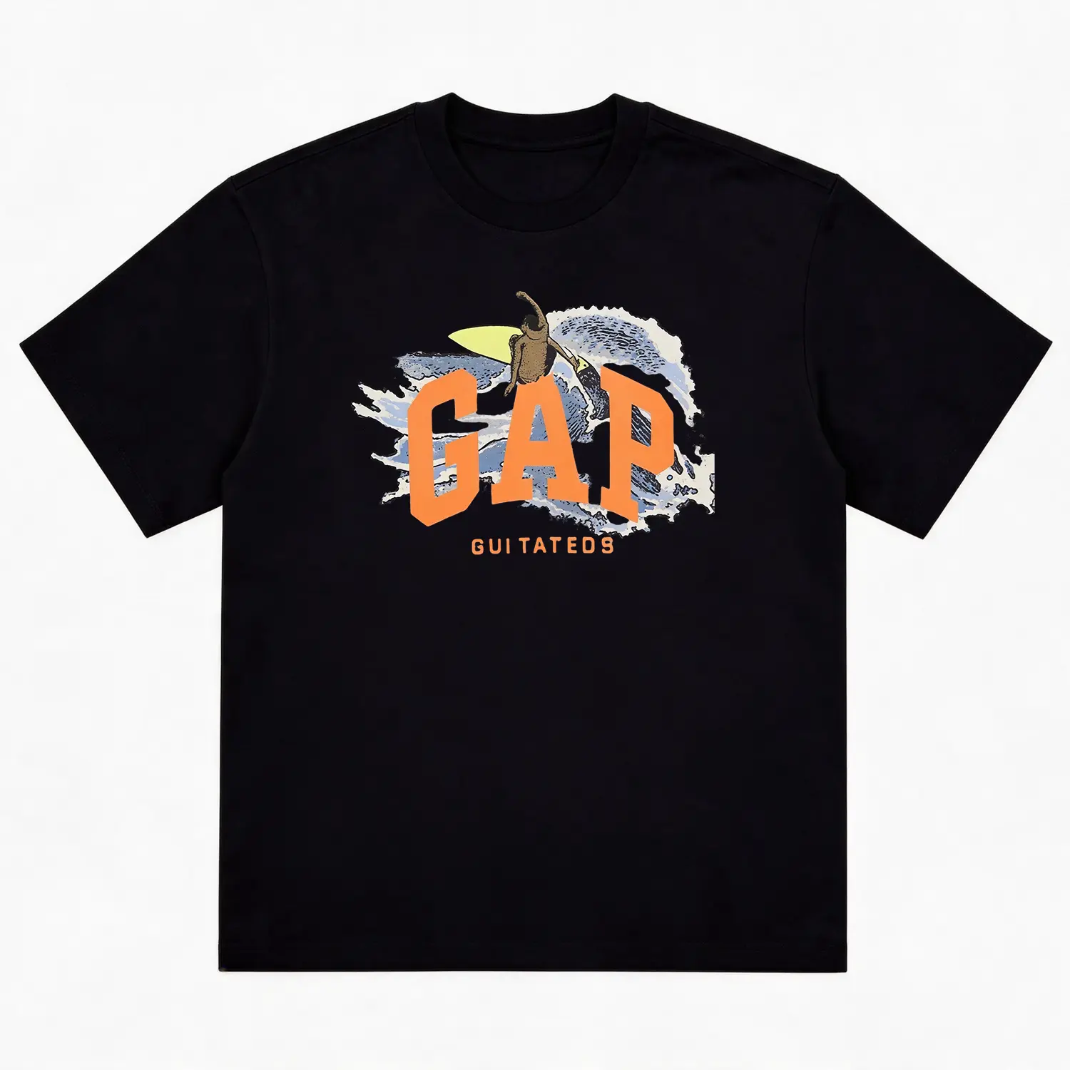 Unisex Vintage Graphic T-Shirt |     Trendy Streetwear Tee with Surfer & Orange "GAP" Print |     Soft Cotton Casual Short Sleeve Top |     Men's Summer Graphic Shirt