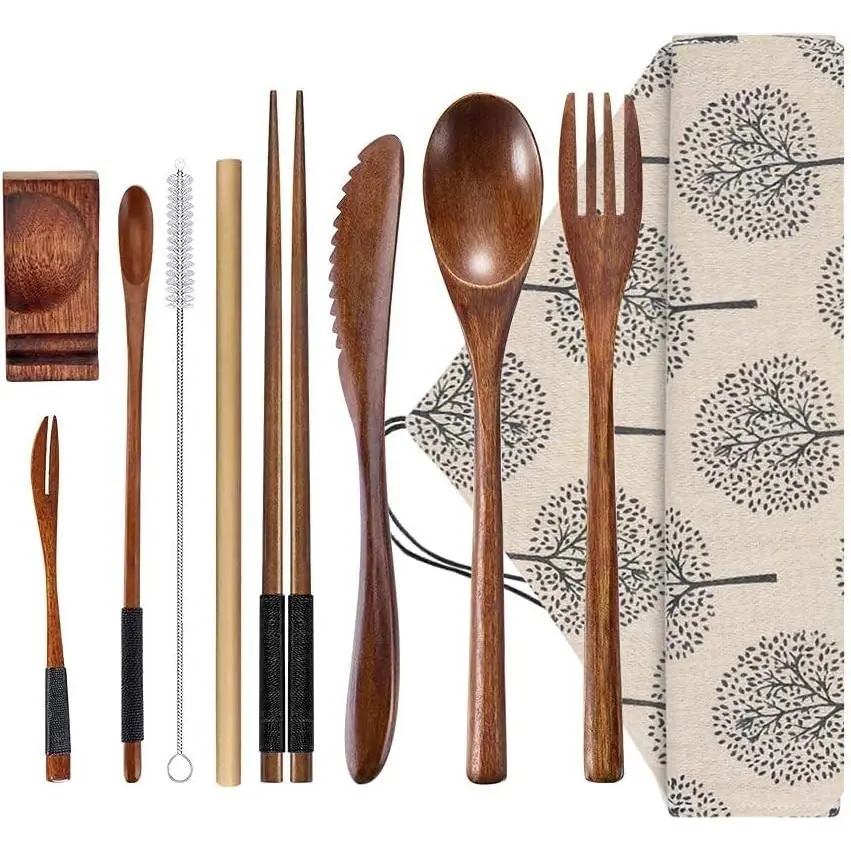 10 Pcs Reusable Wooden Bamboo Flatware Cutlery Set with Case - Portable Travel Eating Utensils Including Wooden Knife, Fork, Spoon, Chopsticks, Straws and Cleaning Brush