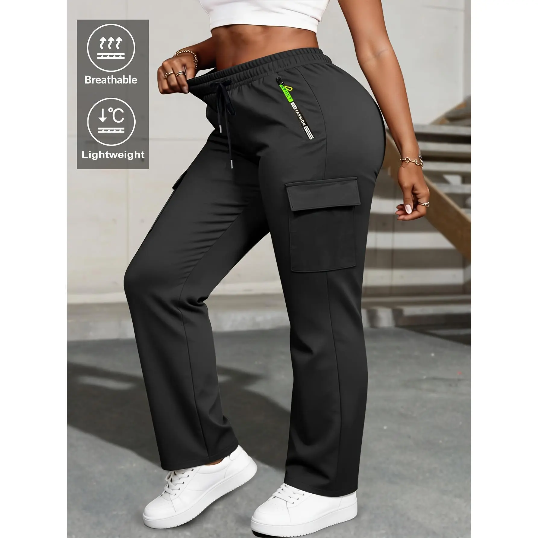 Women's Baggy Camouflage Cargo Pants - Lightweight Full-Length Activewear Bottoms with Drawstring Elastic Waist, Zipper Pockets for Casual Wear