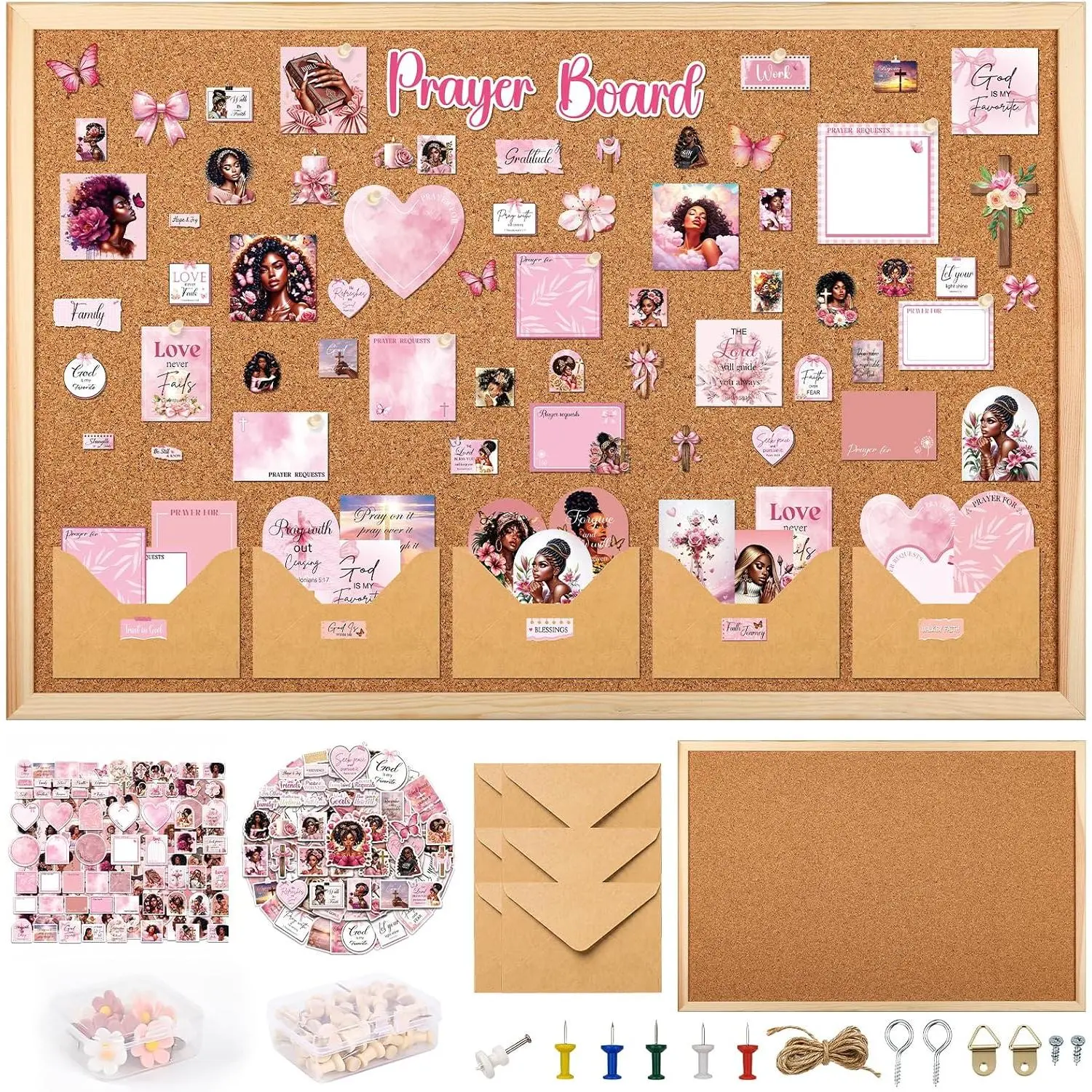 Black Girl Prayer Board Kit Prayer Boards Supplies 15.7 x 11.8 Inch | 180 count Prayer Board Kit, Cork Board Pins Envelope Stickers  Verse Quotes Card, Vision Board Decor,  Study Supplies